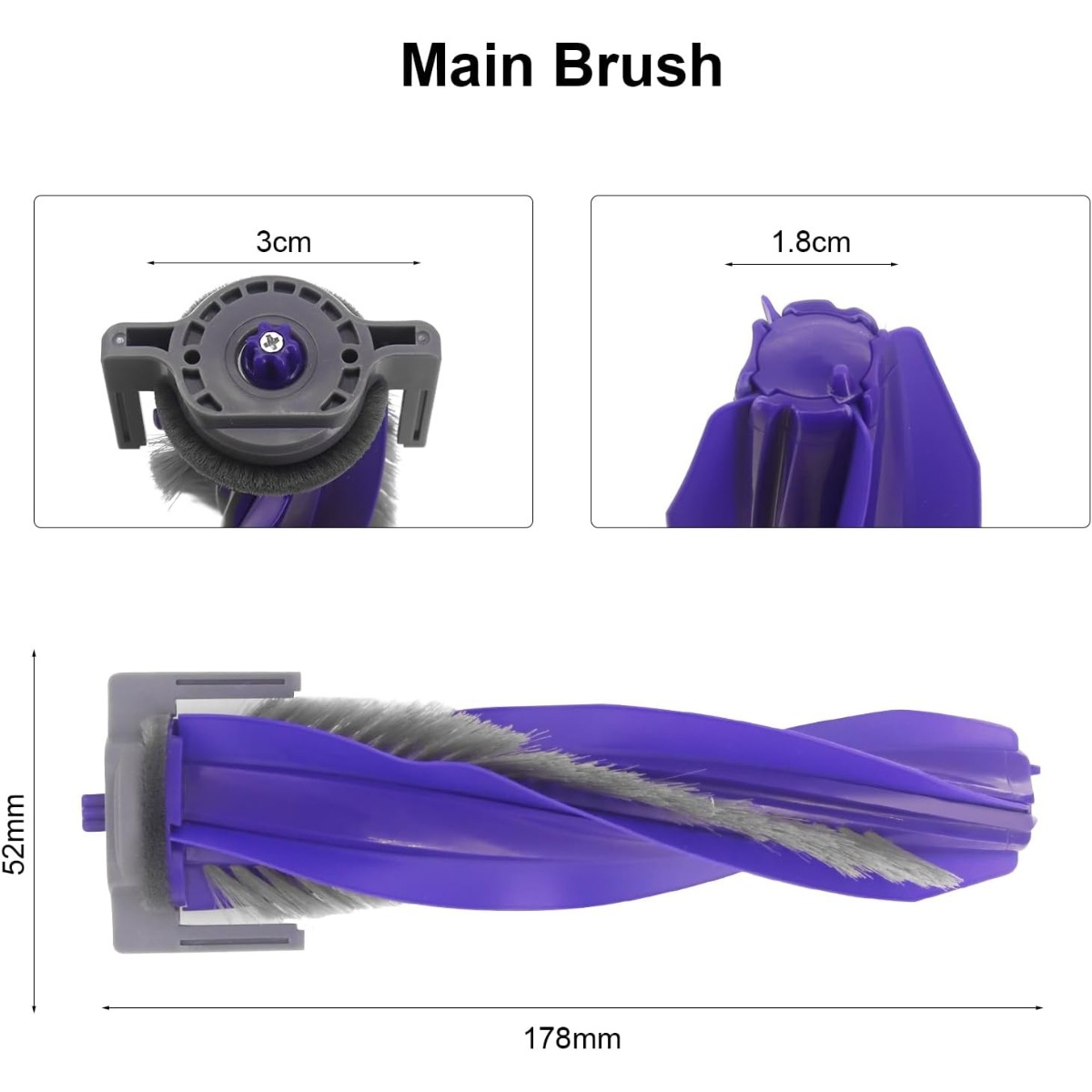 Violette Bürstenrolle mit grauen Borsten, Maße 178x52mm, mit Detailansichten.