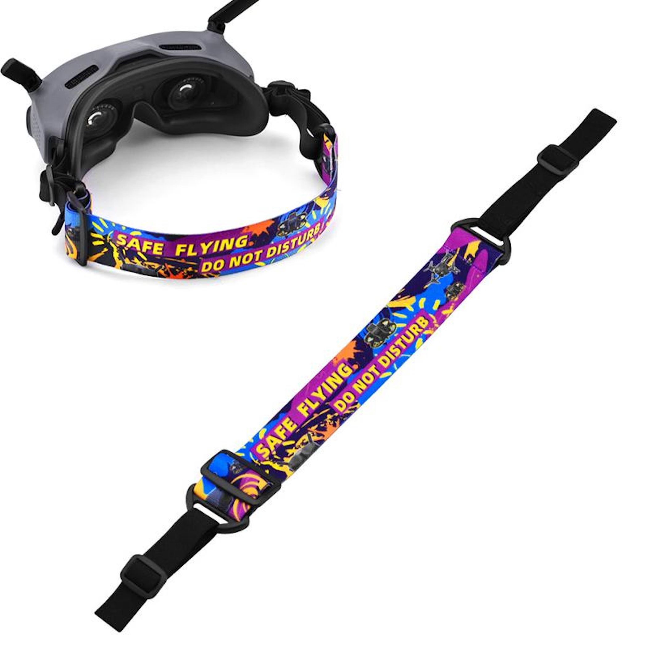 Graue FPV-Brille mit buntem Gurt mit Aufschrift SAFE FLYING DO NOT DISTURB.