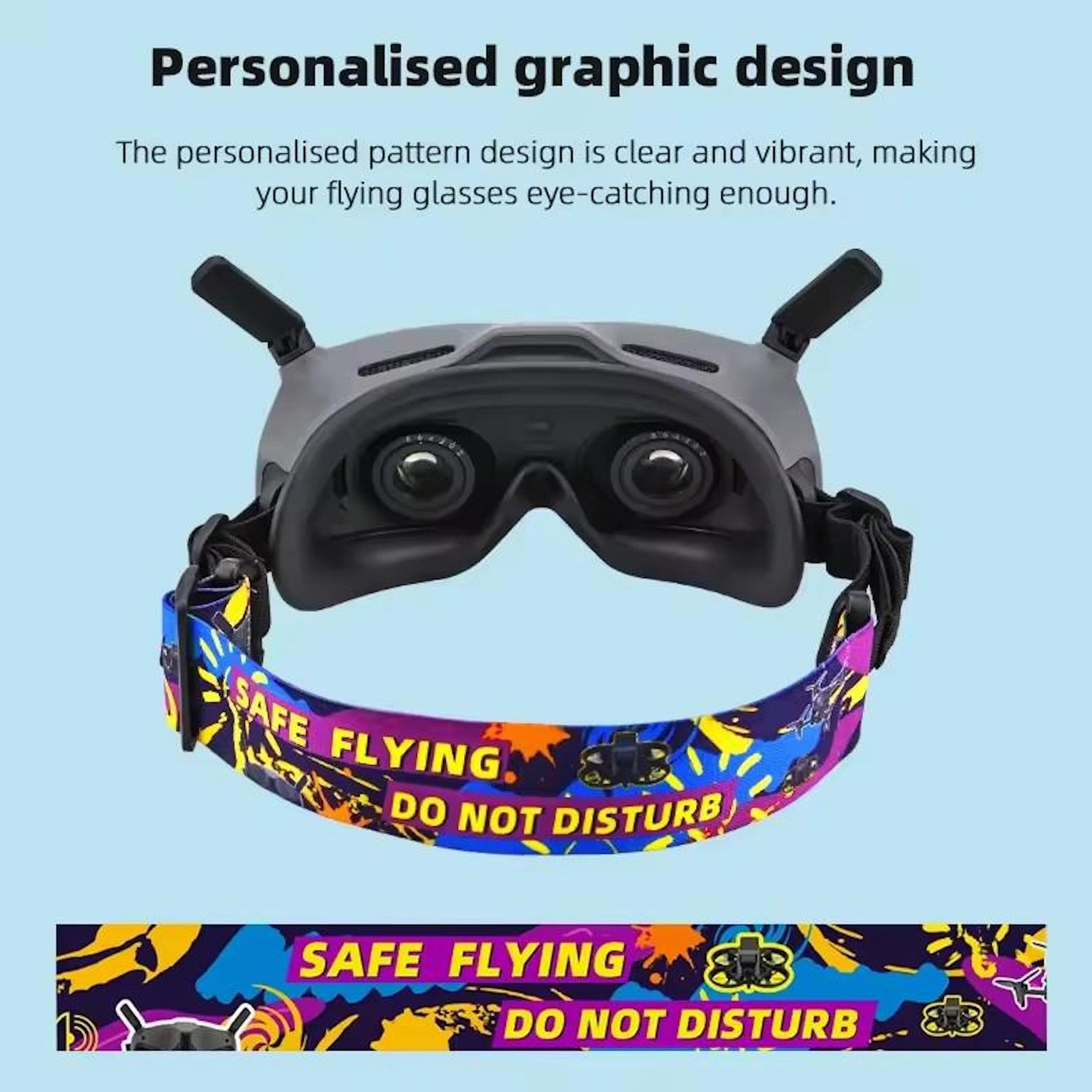 Graue FPV-Brille mit buntem Band mit der Aufschrift "SAFE FLYING DO NOT DISTURB".