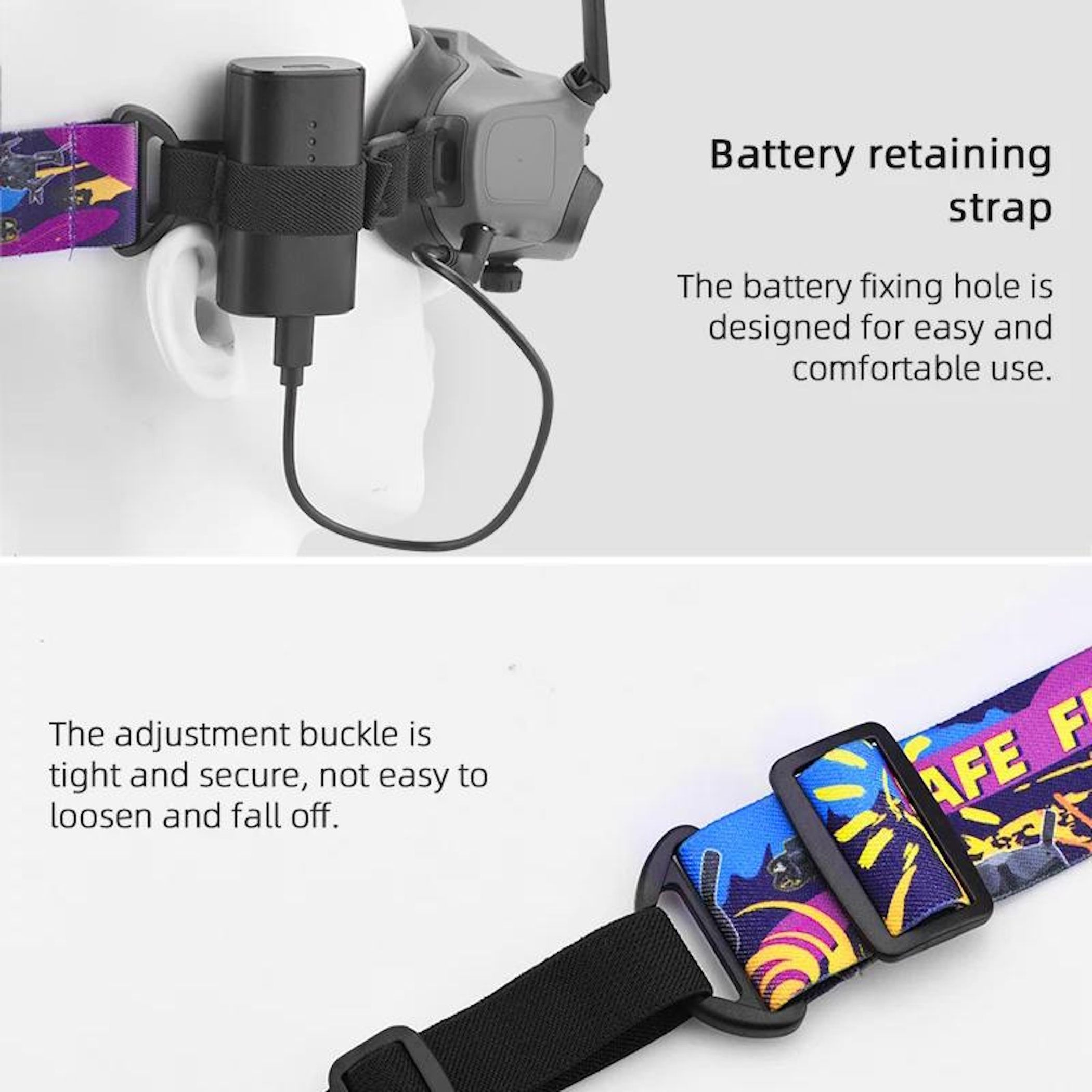 Schwarz-graues Kopfband mit Batteriehalterung und buntem Träger.