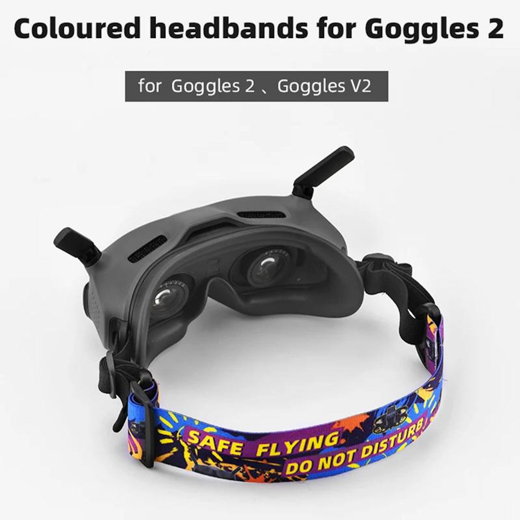 Graue FPV-Brille mit buntem Band: SAFE FLYING. DO NOT DISTURB.