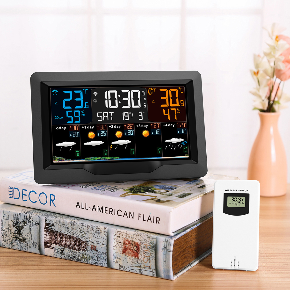 Digitaler Wetterstation-Bildschirm mit Zeit, Datum, Innen- und Außentemperatur und Vorhersagen.