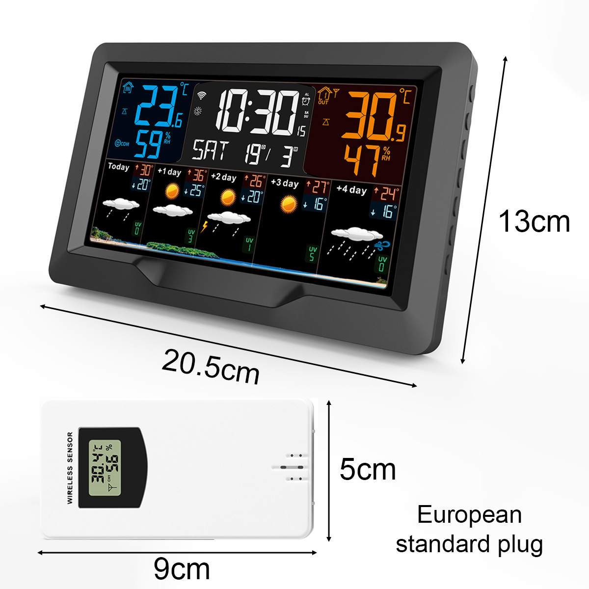 Digitales Wetterstation-Display mit Innen-/Außentemperatur, Uhrzeit & Wettervorhersage.