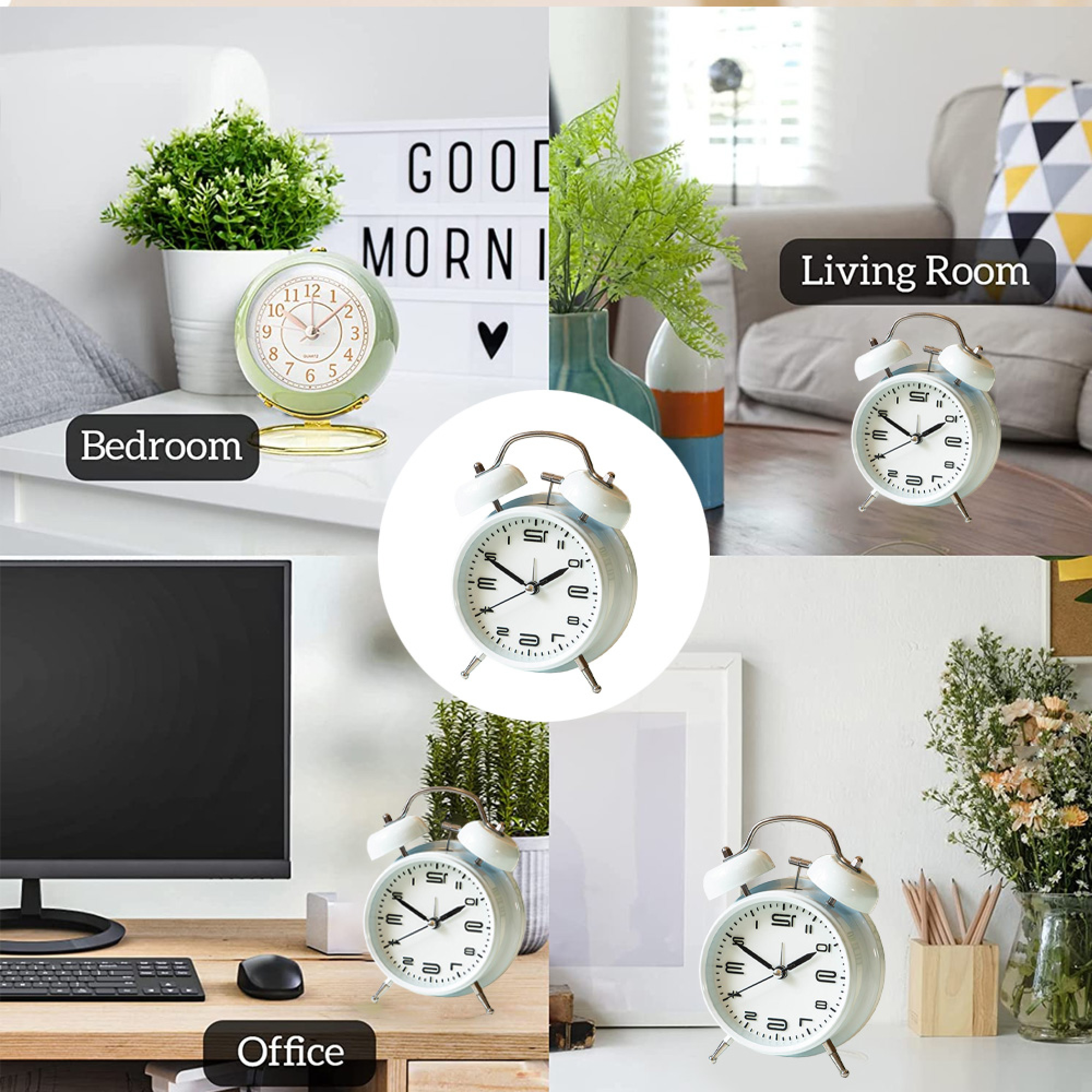 Vier Szenen zeigen Wecker in Schlafzimmer, Wohnzimmer, Büro und auf einem Regal.