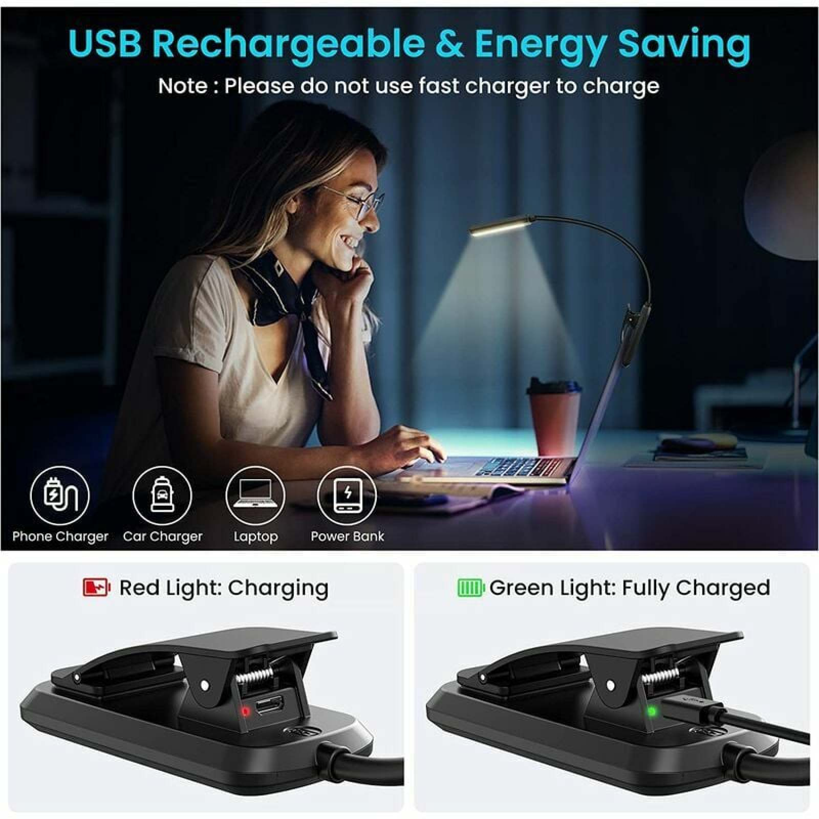 Frau arbeitet am Laptop mit Schreibtischlampe. Ladestation mit rotem und grünem Licht.
