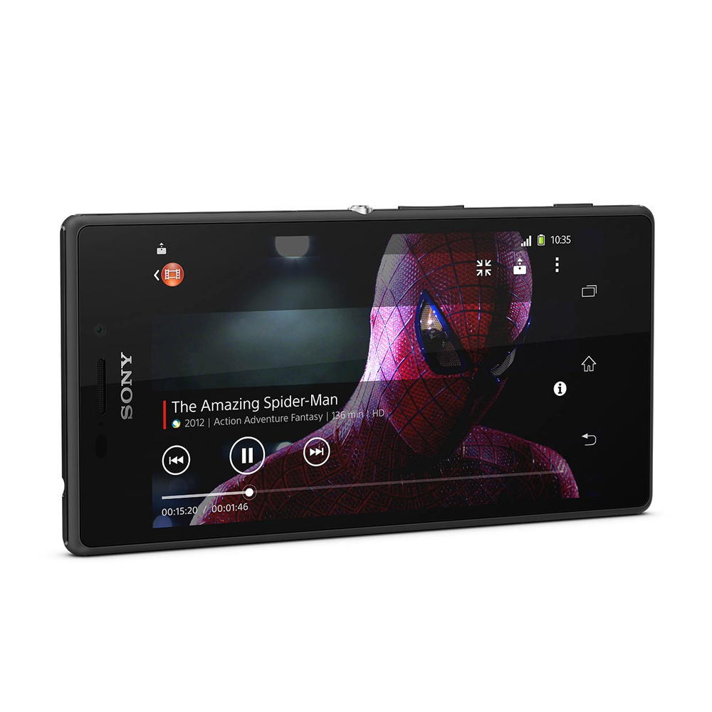 Sony Smartphone zeigt "The Amazing Spider-Man" mit Wiedergabesteuerung.