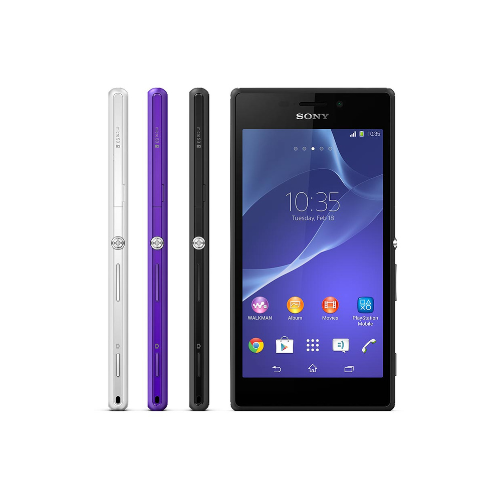 Drei Sony Smartphones in Weiß, Lila und Schwarz nebeneinander, eines davon mit Bildschirm.