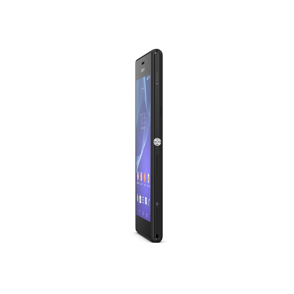 Ein schwarzes Sony Smartphone mit eingeschaltetem Bildschirm wird von der Seite gezeigt.