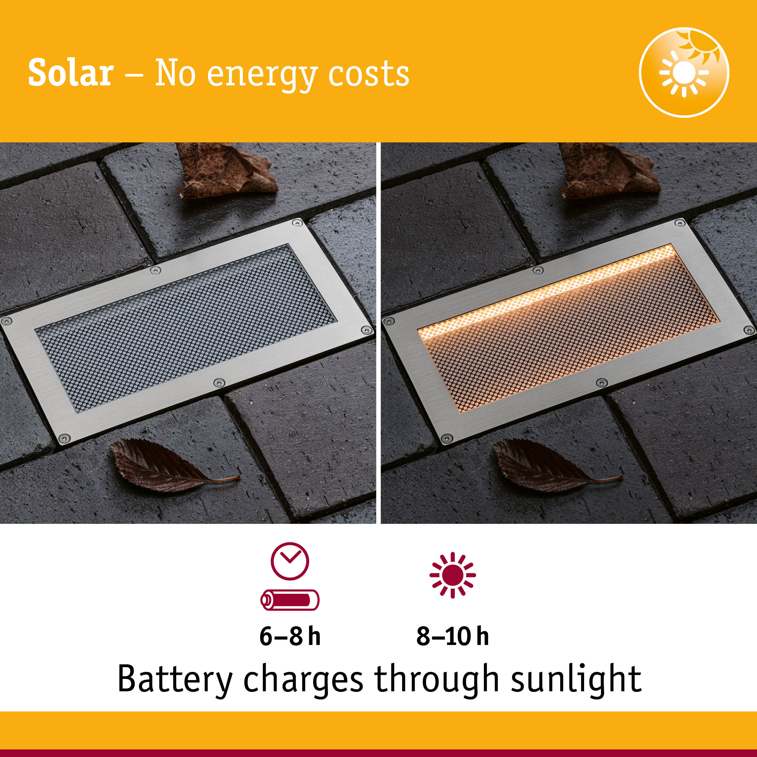 Solarleuchte: eine aus, eine an. Lädt 6-8h, leuchtet 8-10h.