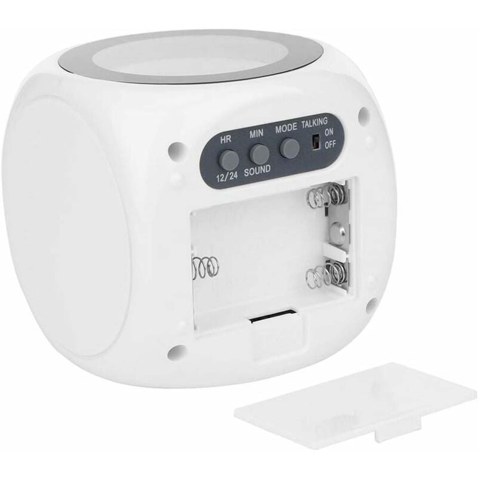 Wei0cer Blick auf einen wei0cen digitalen Wecker mit Batteriefach.