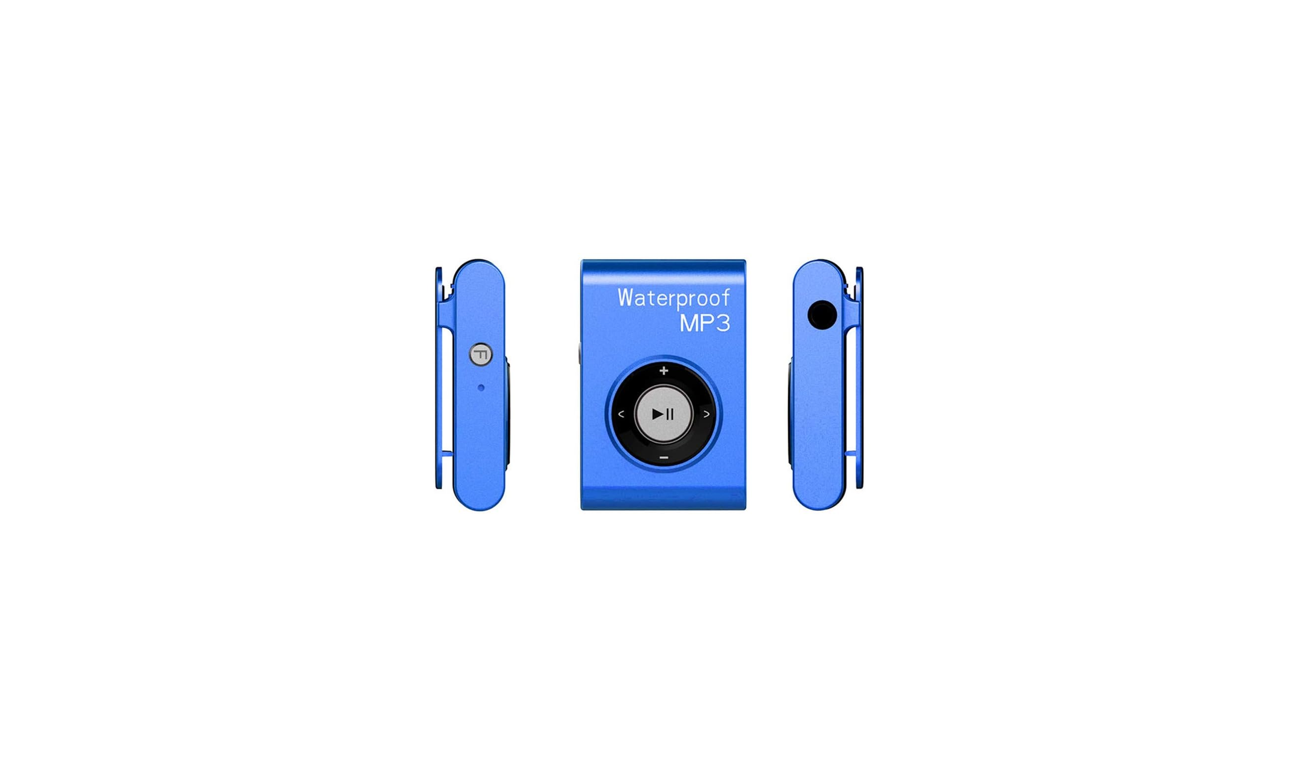 Ein blauer, wasserdichter MP3-Player mit Clipansicht von vorne und Seite.