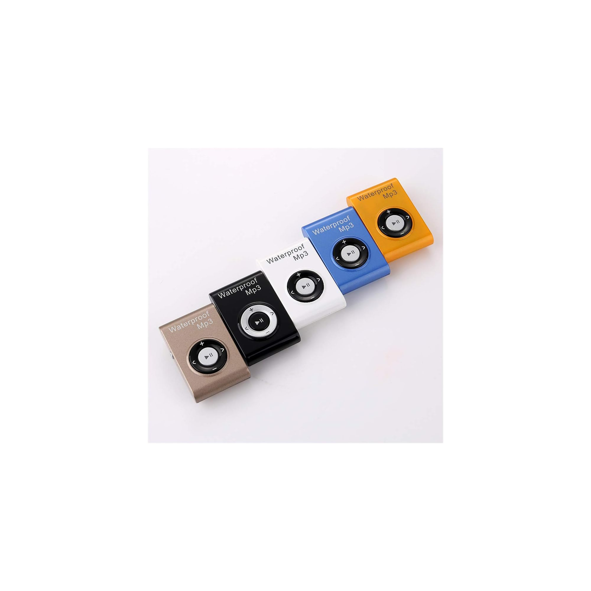Fünf wasserdichte MP3-Player in Gold, Schwarz, Weiß, Blau und Orange.