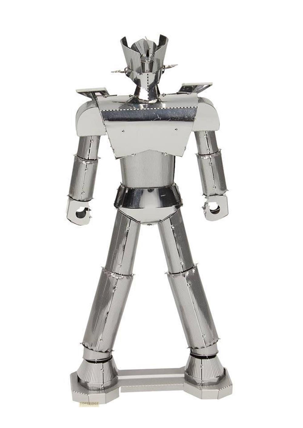 Eine silberne Metallfigur eines Roboters, die auf einem Sockel steht.
