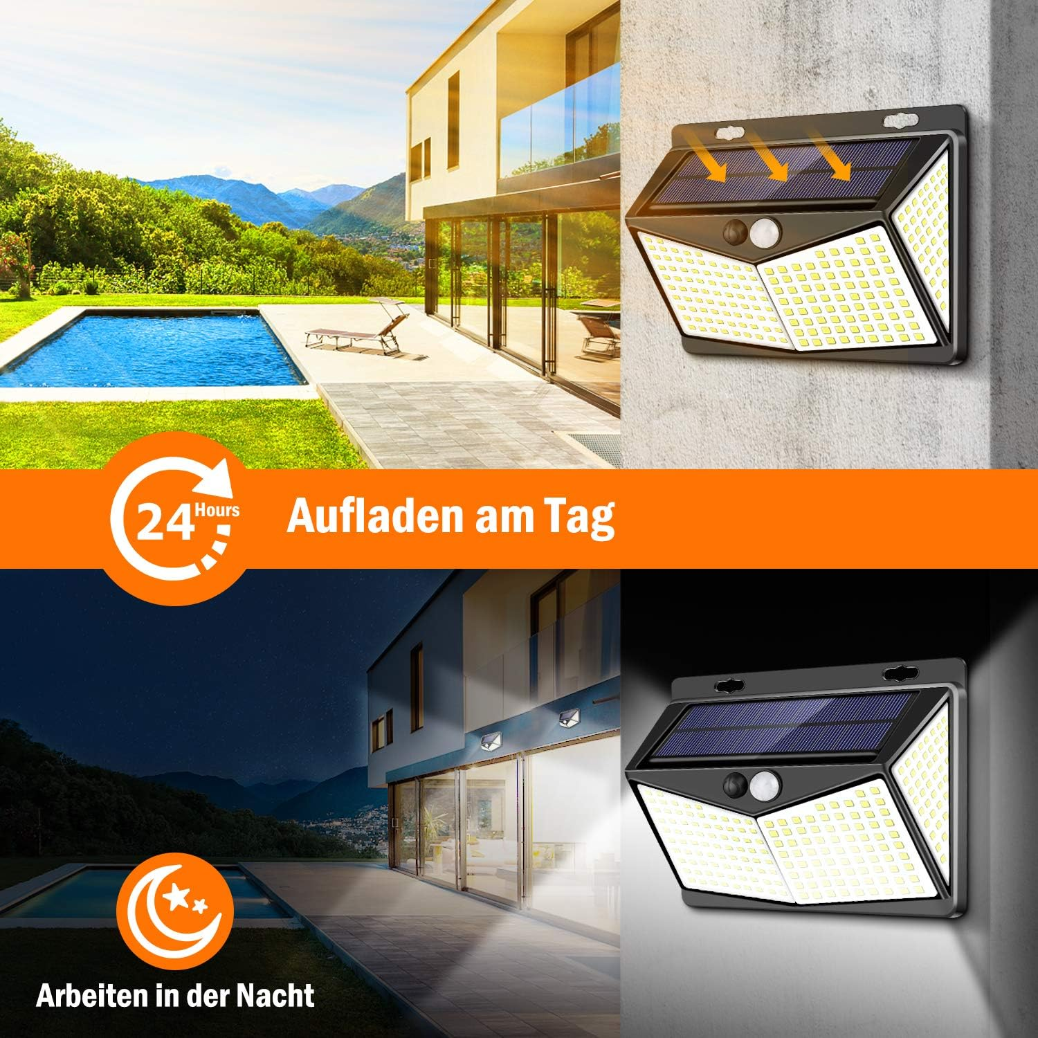 Solarleuchte wird tagsüber aufgeladen und leuchtet nachts.