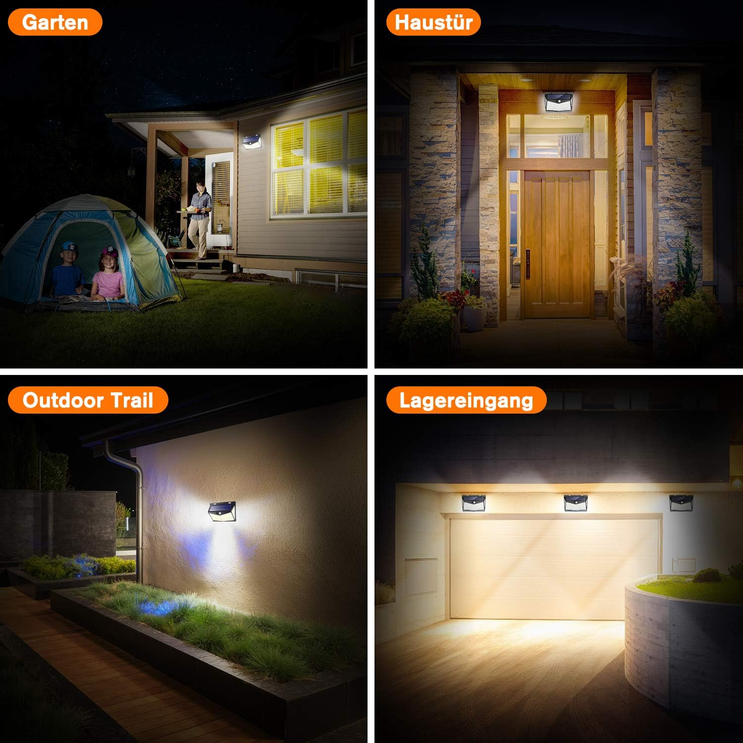 Vier Szenen zeigen Solarlichter im Einsatz: Garten, Haustür, Weg und Garageneinfahrt.