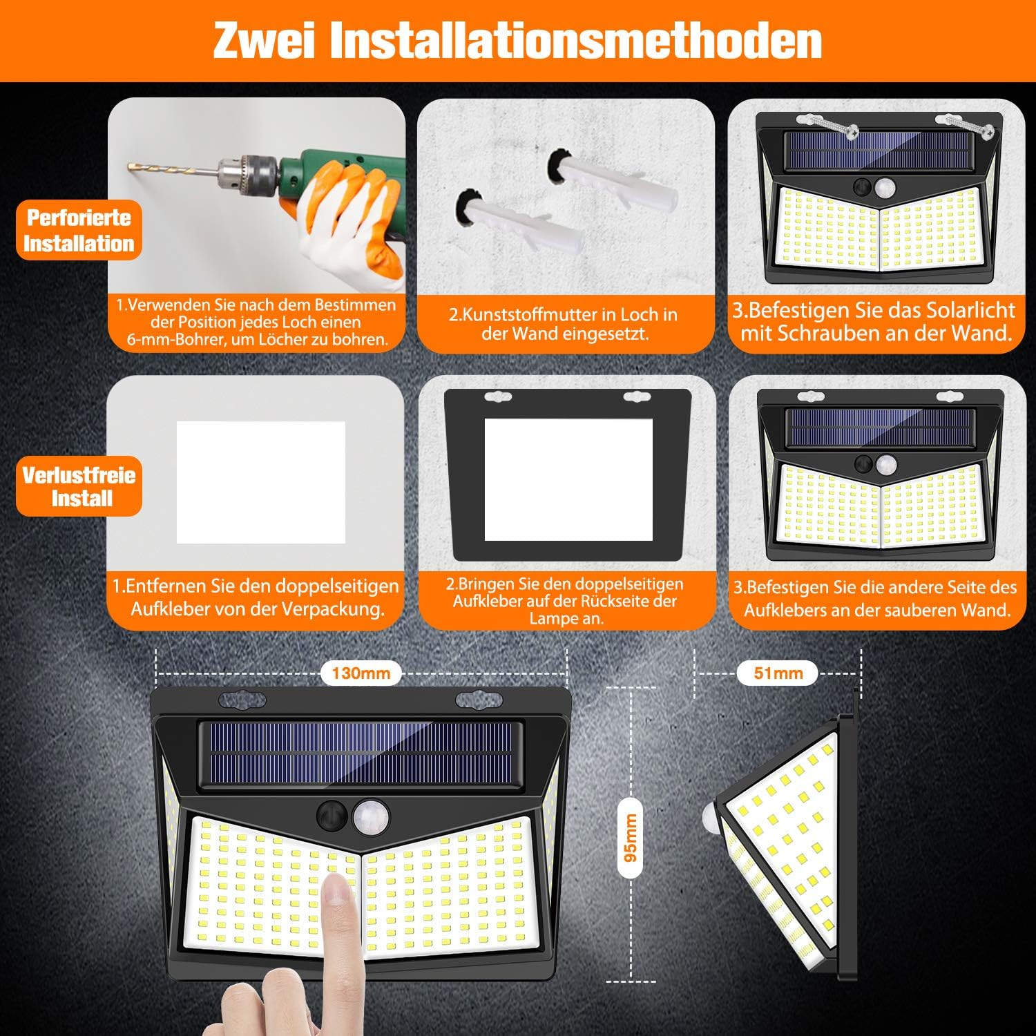 Illustrationen zweier Methoden zur Montage von Solarleuchten an Wänden.