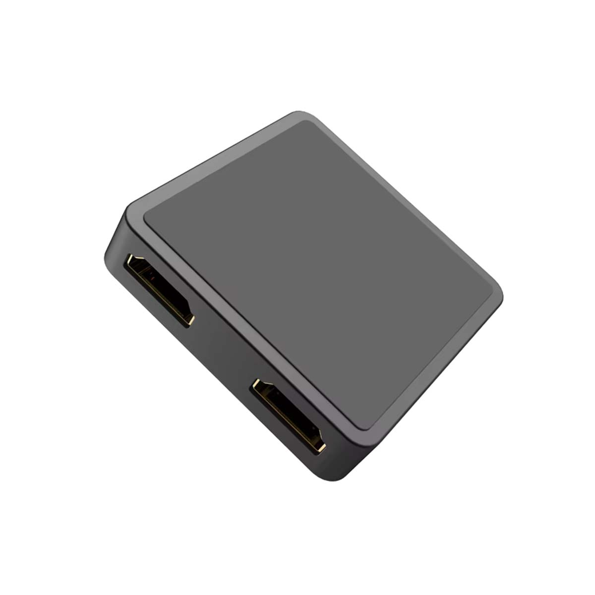 Ein kompakter, dunkler HDMI-Splitter mit zwei Anschlüssen.