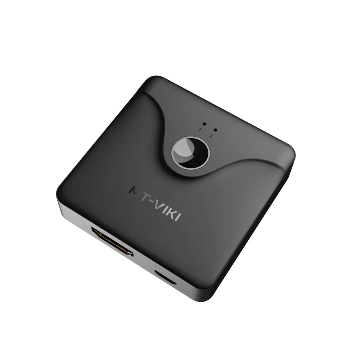 Ein schwarzer, quadratischer HDMI-Switch mit dem Logo "MT-VIKI".