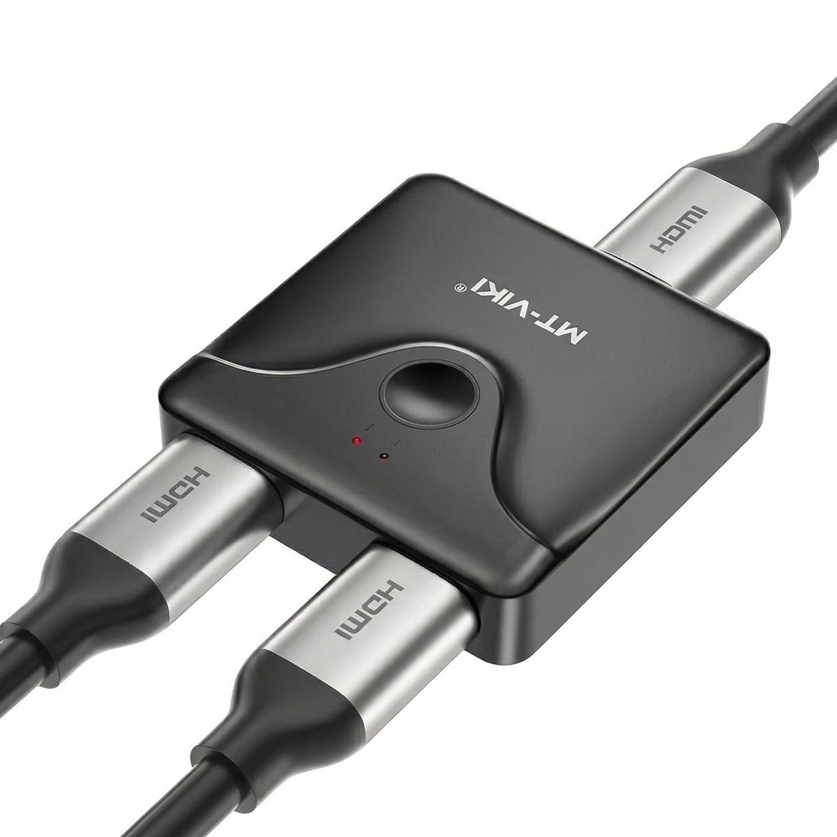 Ein schwarzer HDMI-Splitter mit drei HDMI-Kabeln, zwei Eingängen und einem Ausgang.