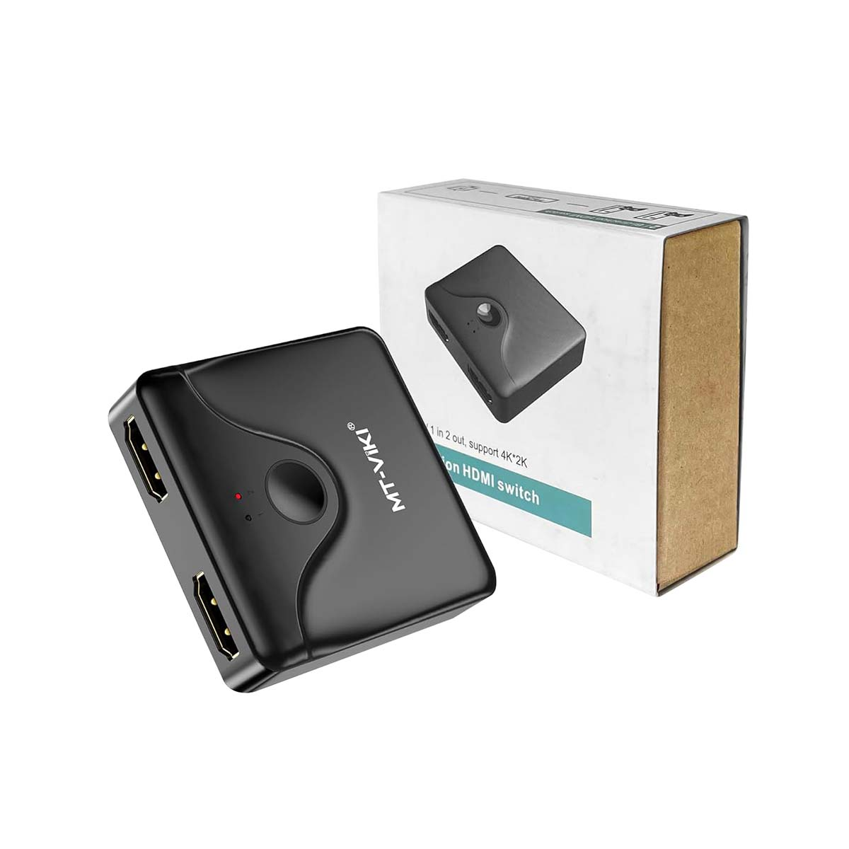 Schwarzer HDMI-Switch mit 1 Eingangs- und 2 Ausgangsanschlüssen neben seiner Verpackung.
