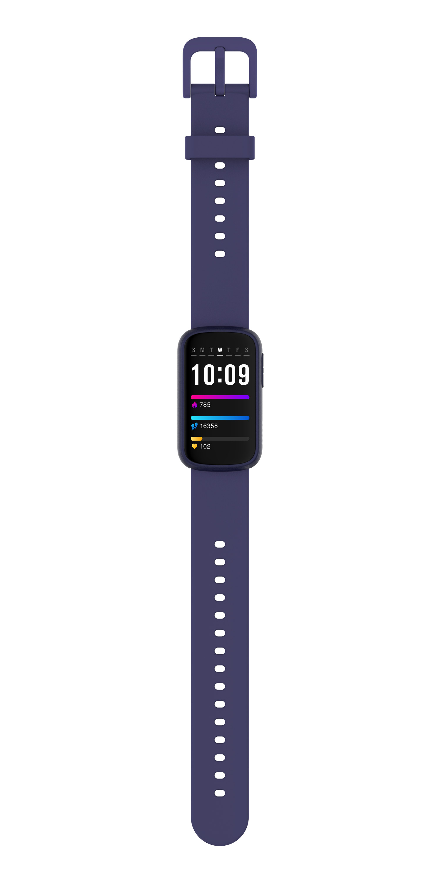 Eine dunkelblaue Smartwatch mit digitaler Anzeige, die 10:09 und Gesundheitsstatistiken anzeigt.