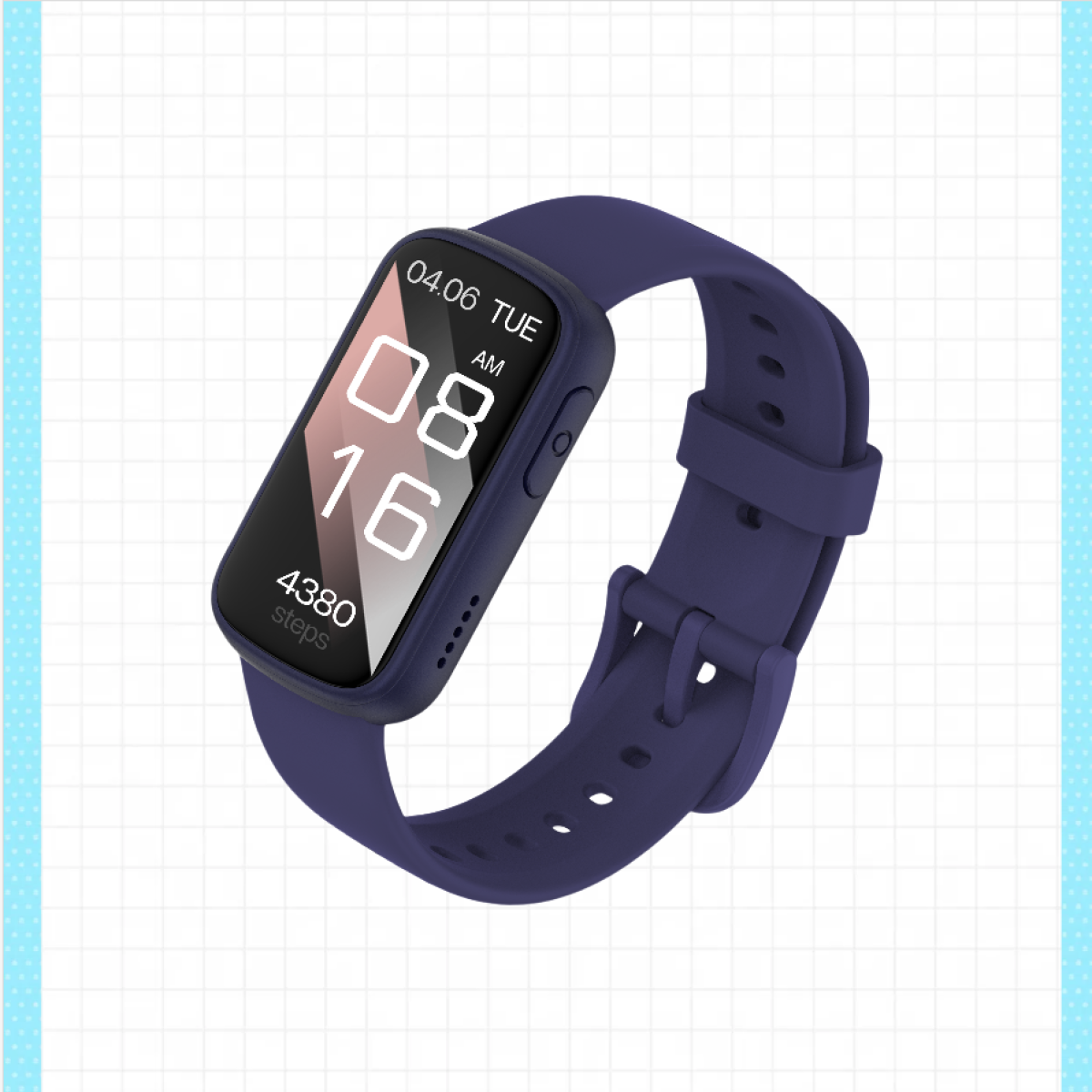 Eine dunkelblaue Smartwatch mit einem rechteckigen Display, das 08:16 Uhr anzeigt.