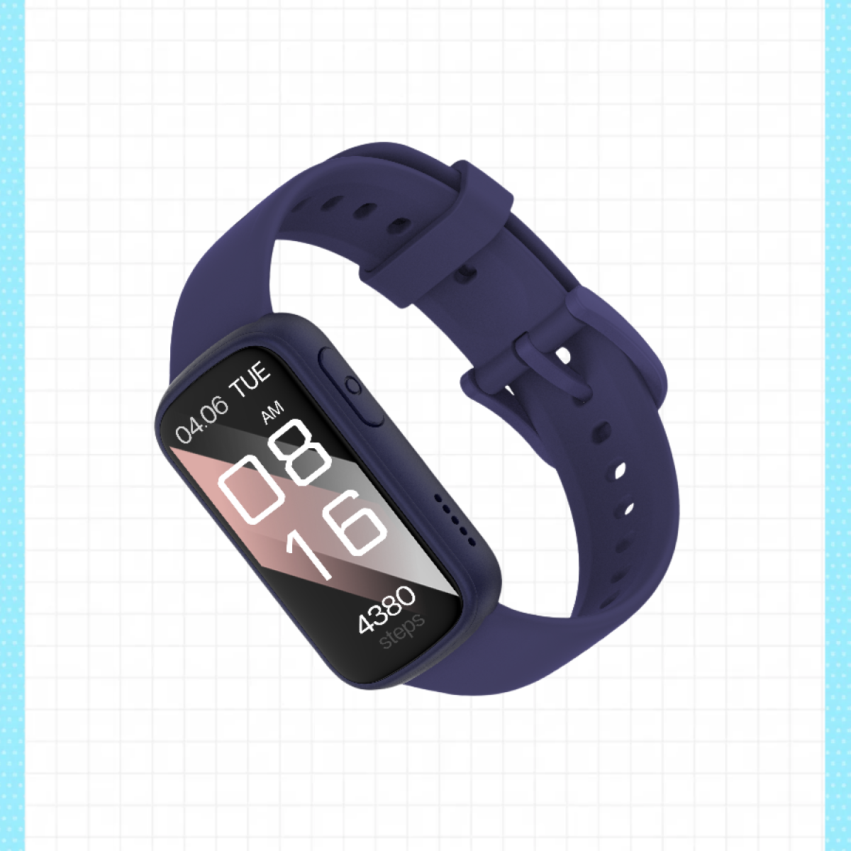 Dunkelblaue Smartwatch mit schwarzem Display, zeigt 08:16 Uhr und 4380 Schritte.