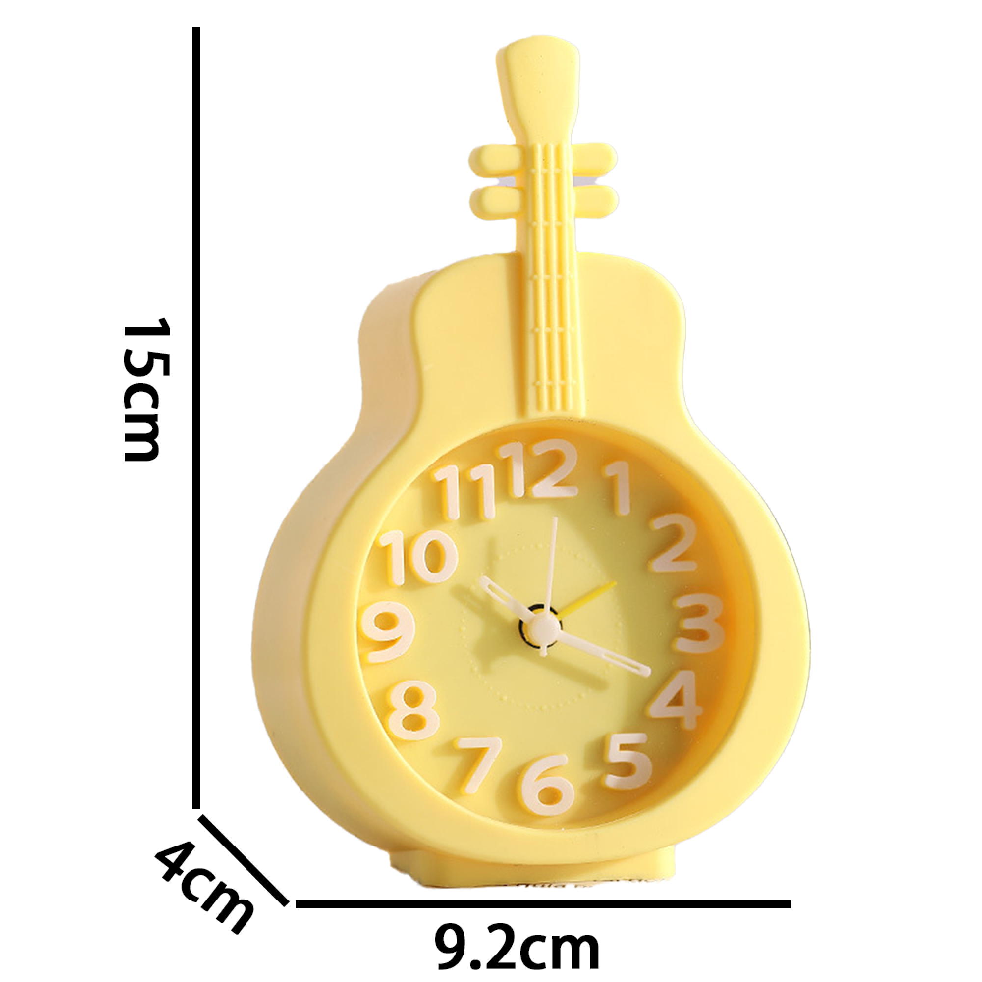 Gelbe Gitarrenwecker mit weißen Zahlen und Zeigern. Maße sind 15cm x 9,2cm x 4cm.