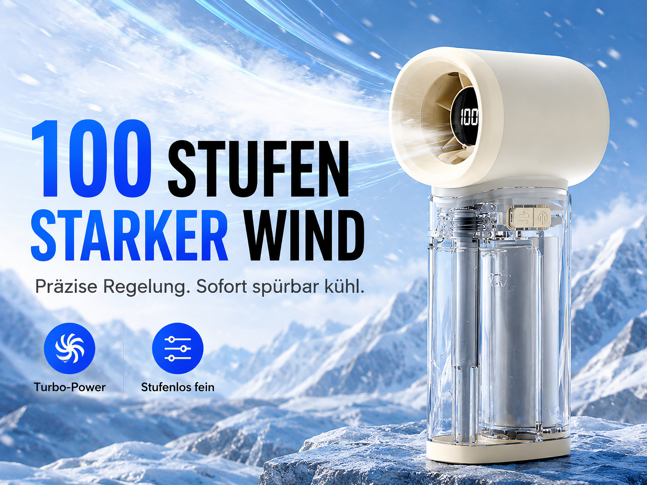Ein Ventilator mit 100 Stufen starkem Wind steht auf eisigem Fels vor verschneiten Bergen.