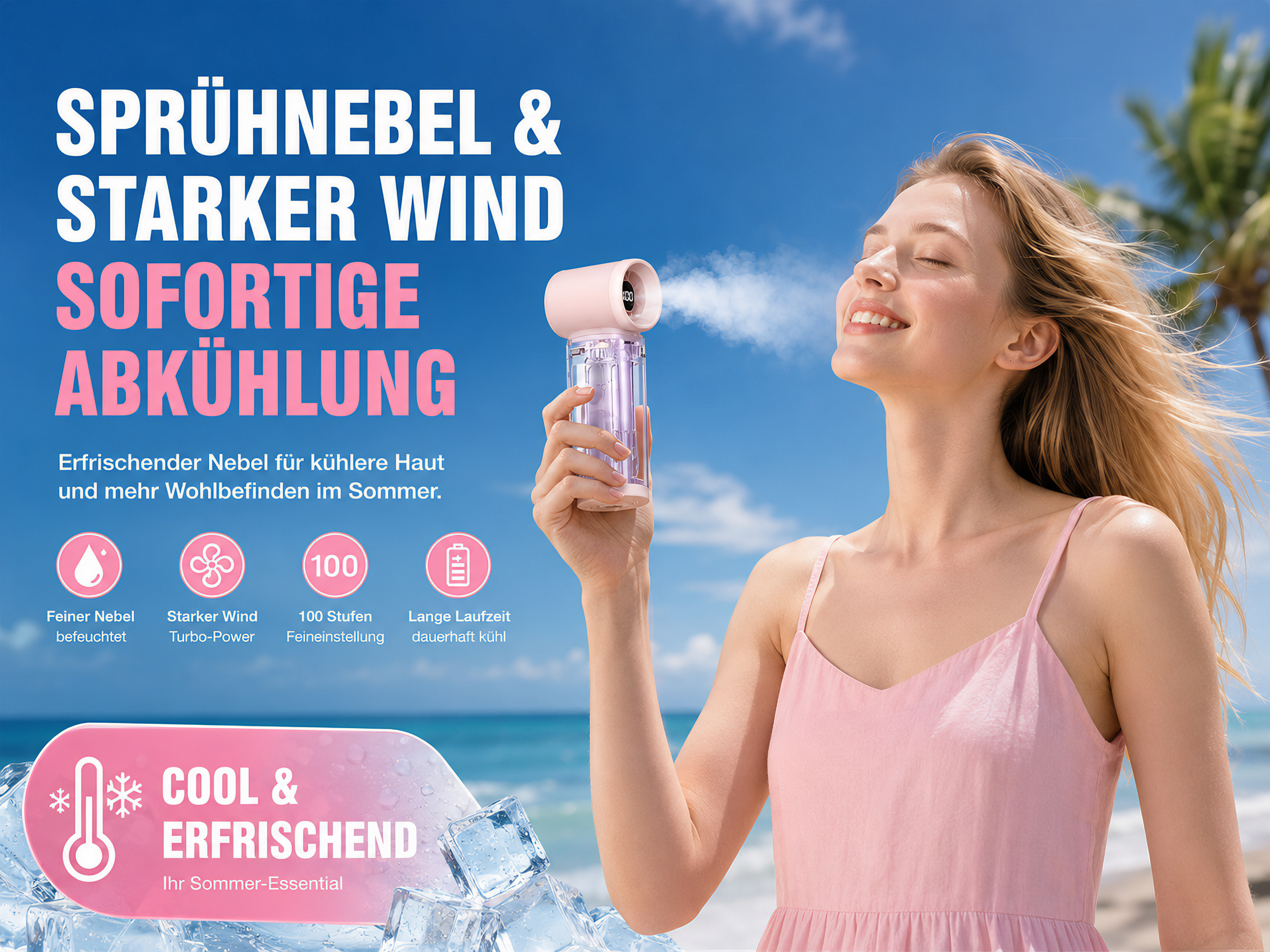 Frau genießt Nebel von einem tragbaren Ventilator am sonnigen Strand mit Palmen.