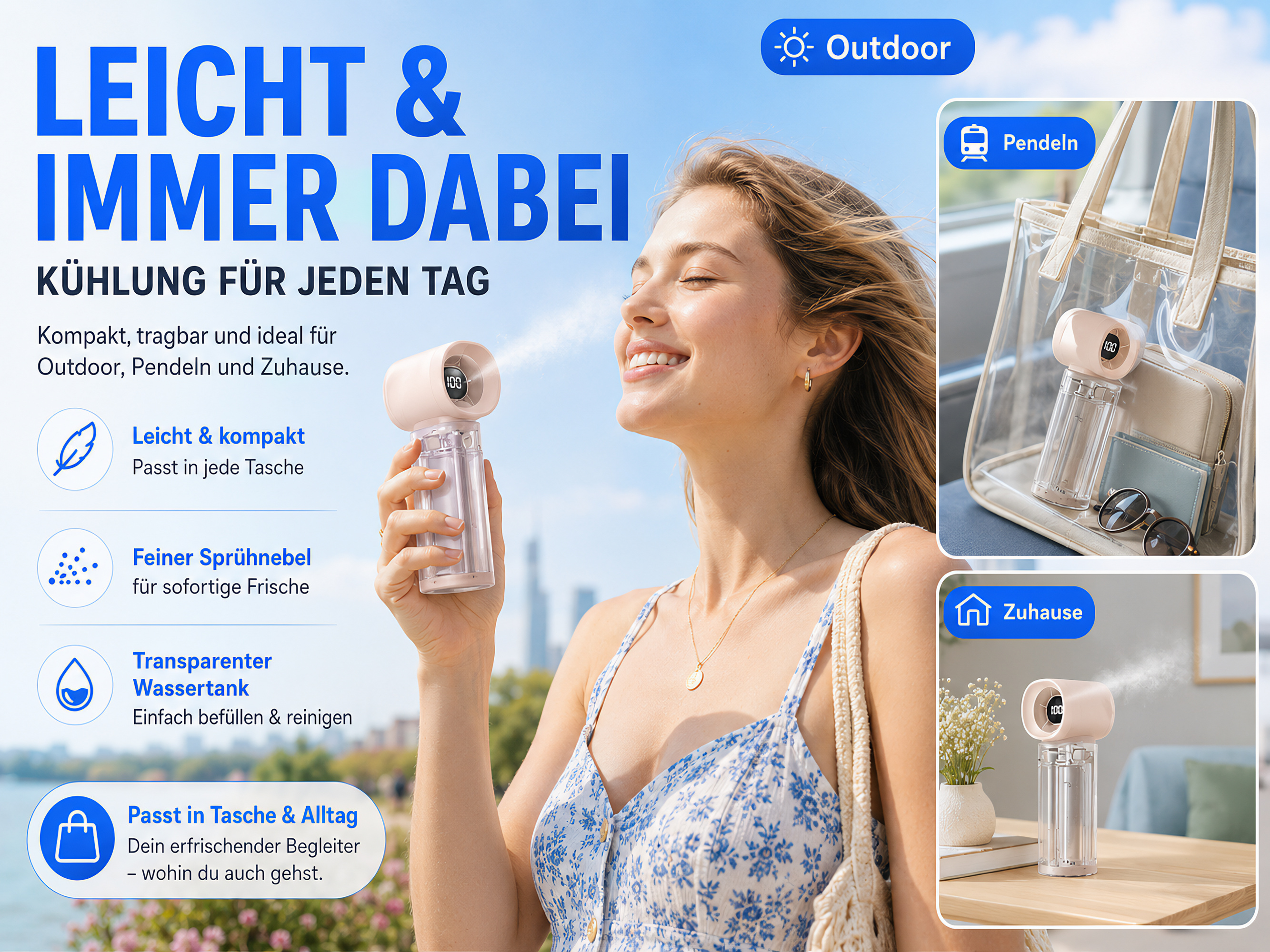 Eine Frau genießt einen Sprühnebel von einem tragbaren Lüfter, der für Outdoor, Pendeln und Zuhause geeignet ist.