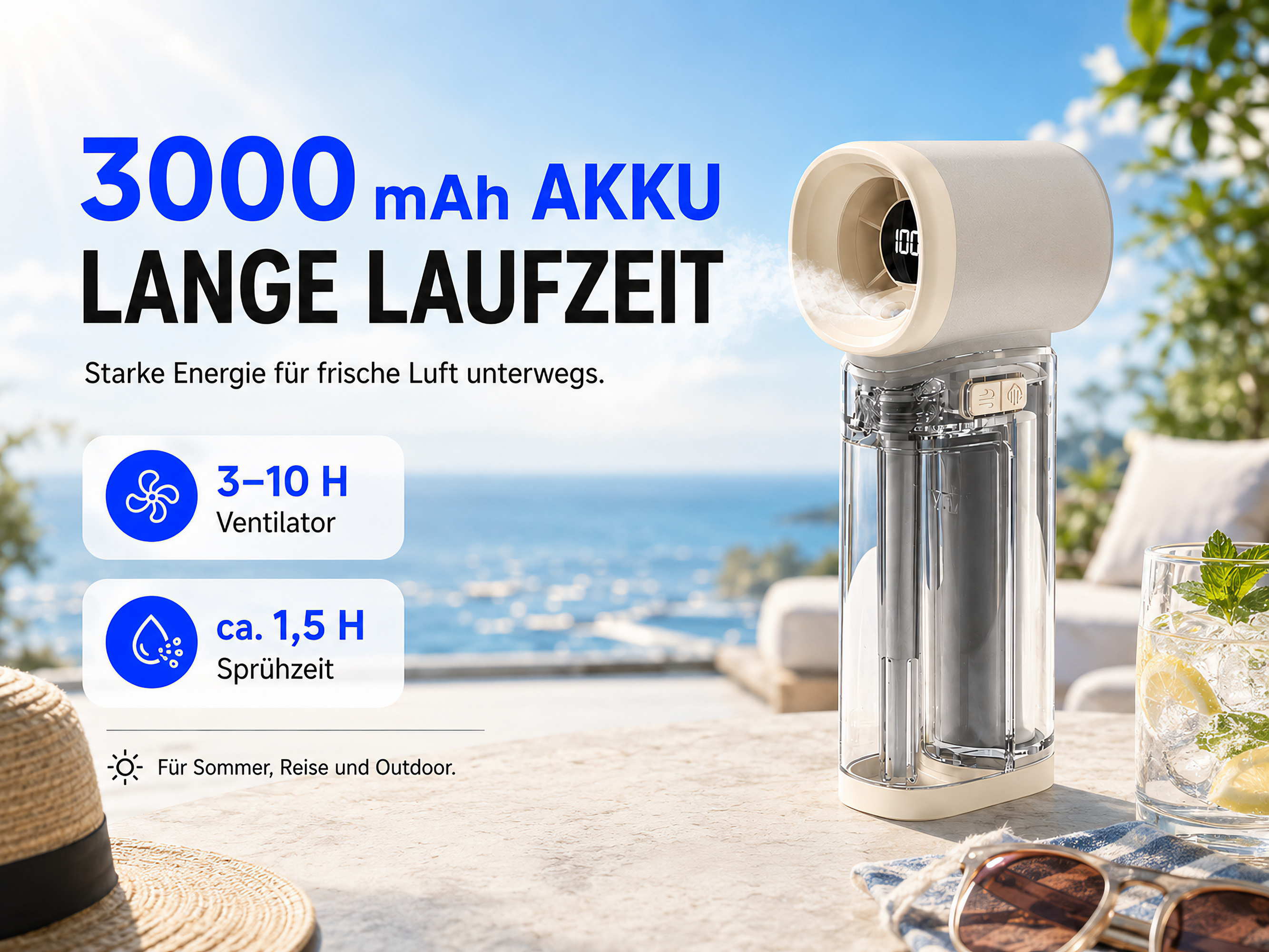 Tragbarer Ventilator mit 3000 mAh Akku, 3-10h Laufzeit, sprüht 1,5h.
