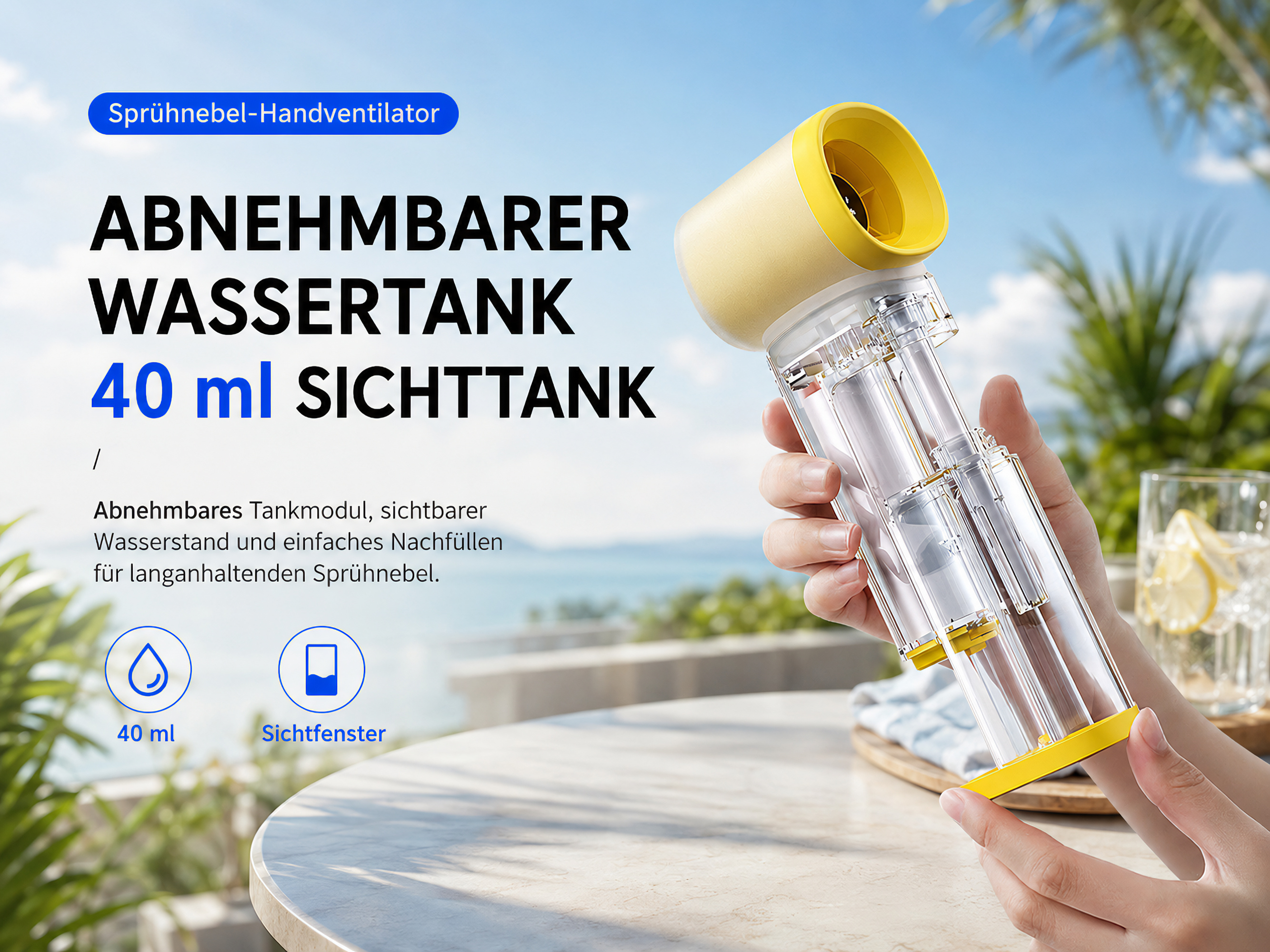 Eine Hand hält einen tragbaren Sprühnebel-Ventilator mit abnehmbarem Wassertank.