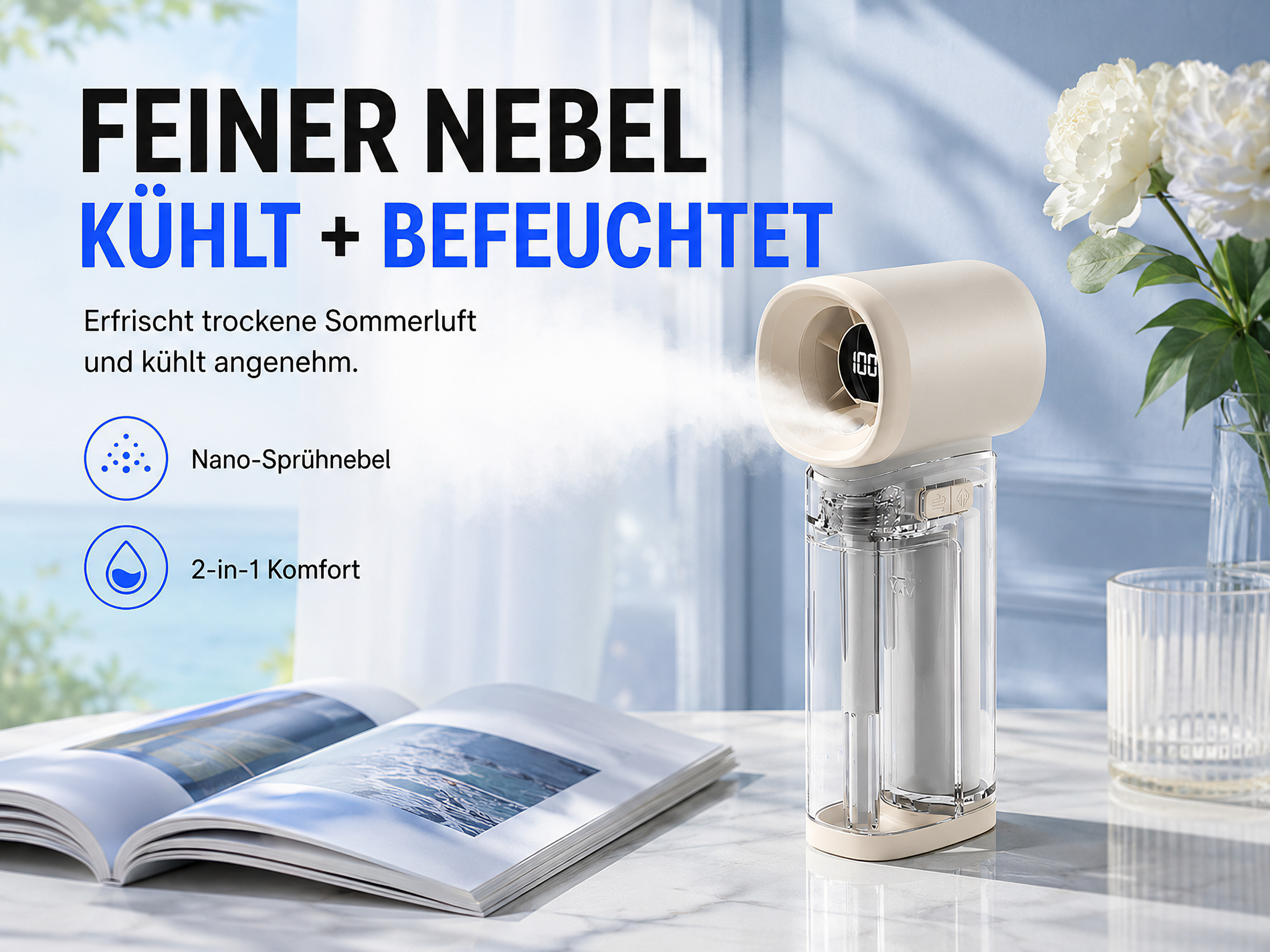 Ein beiger Nebel-Kühler mit digitaler Anzeige sprüht feinen Nebel auf einem Marmortisch neben einem Buch und Blumen.