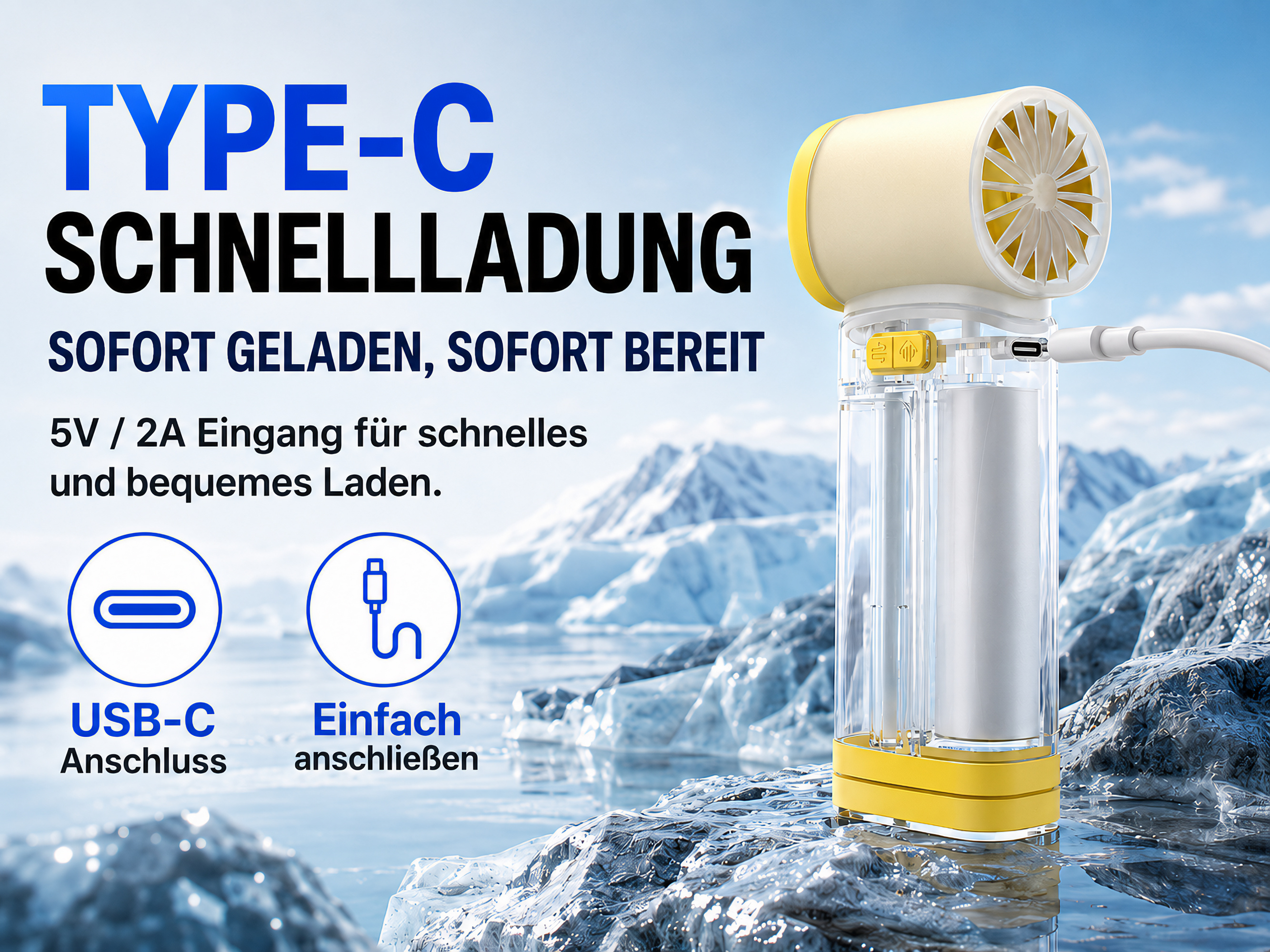 Ein tragbares Ladegerät mit USB-C steht auf Eisbergen.
