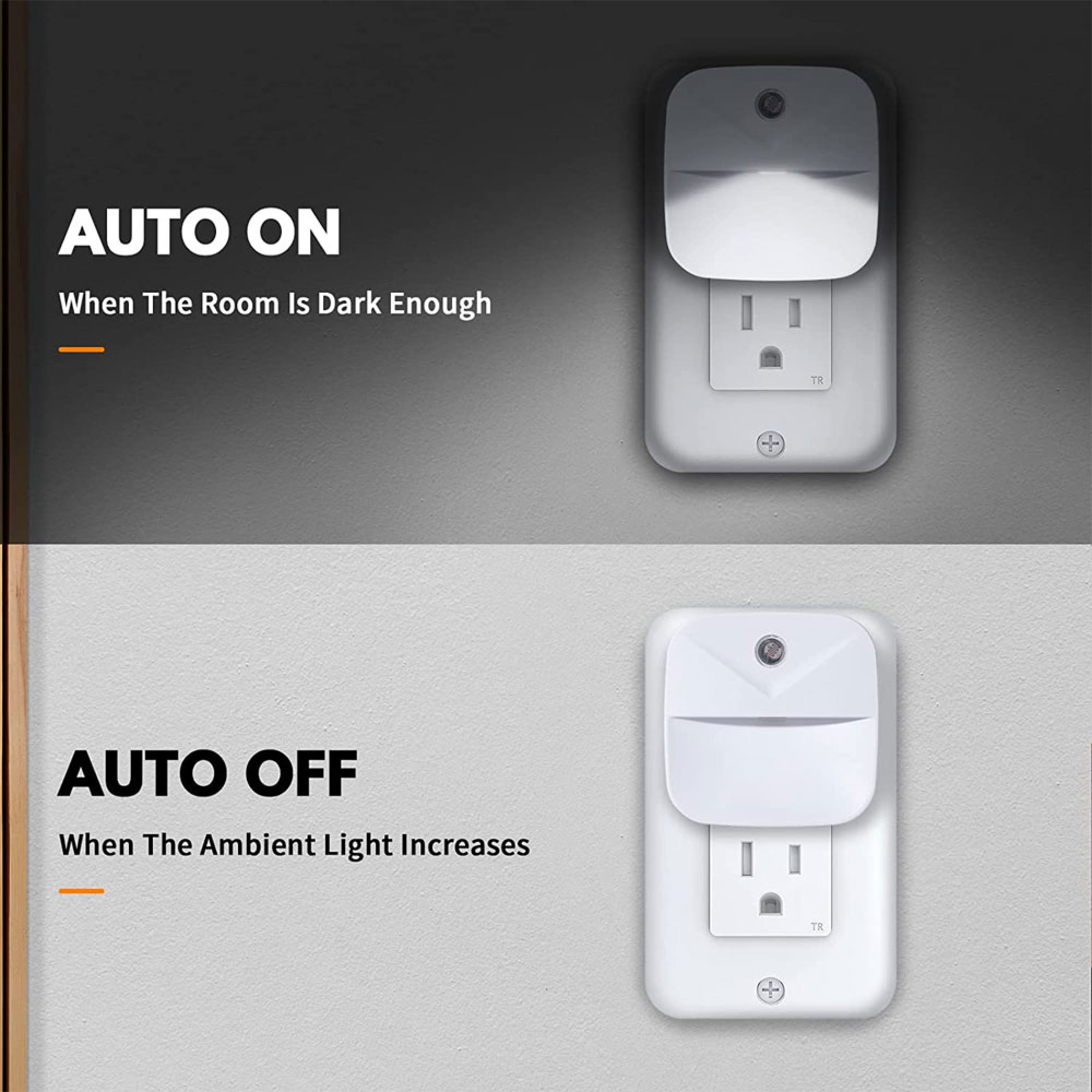Ein weißer Nachtlichtstecker mit Sensor in einer Steckdose. Zeigt AUTO ON/OFF.