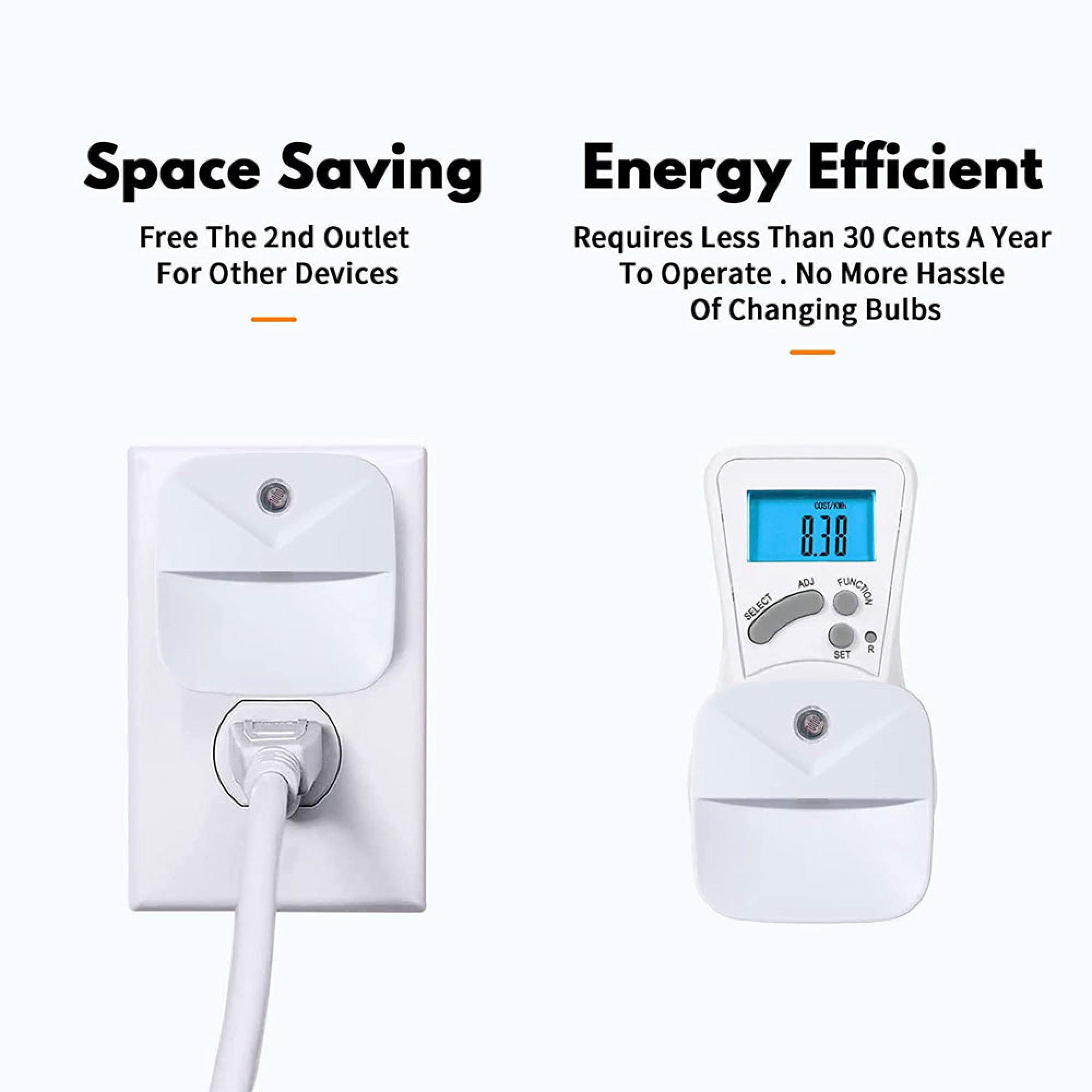 Ein weißer Stecker wird in eine Steckdose gesteckt, daneben ein Energiemesser.