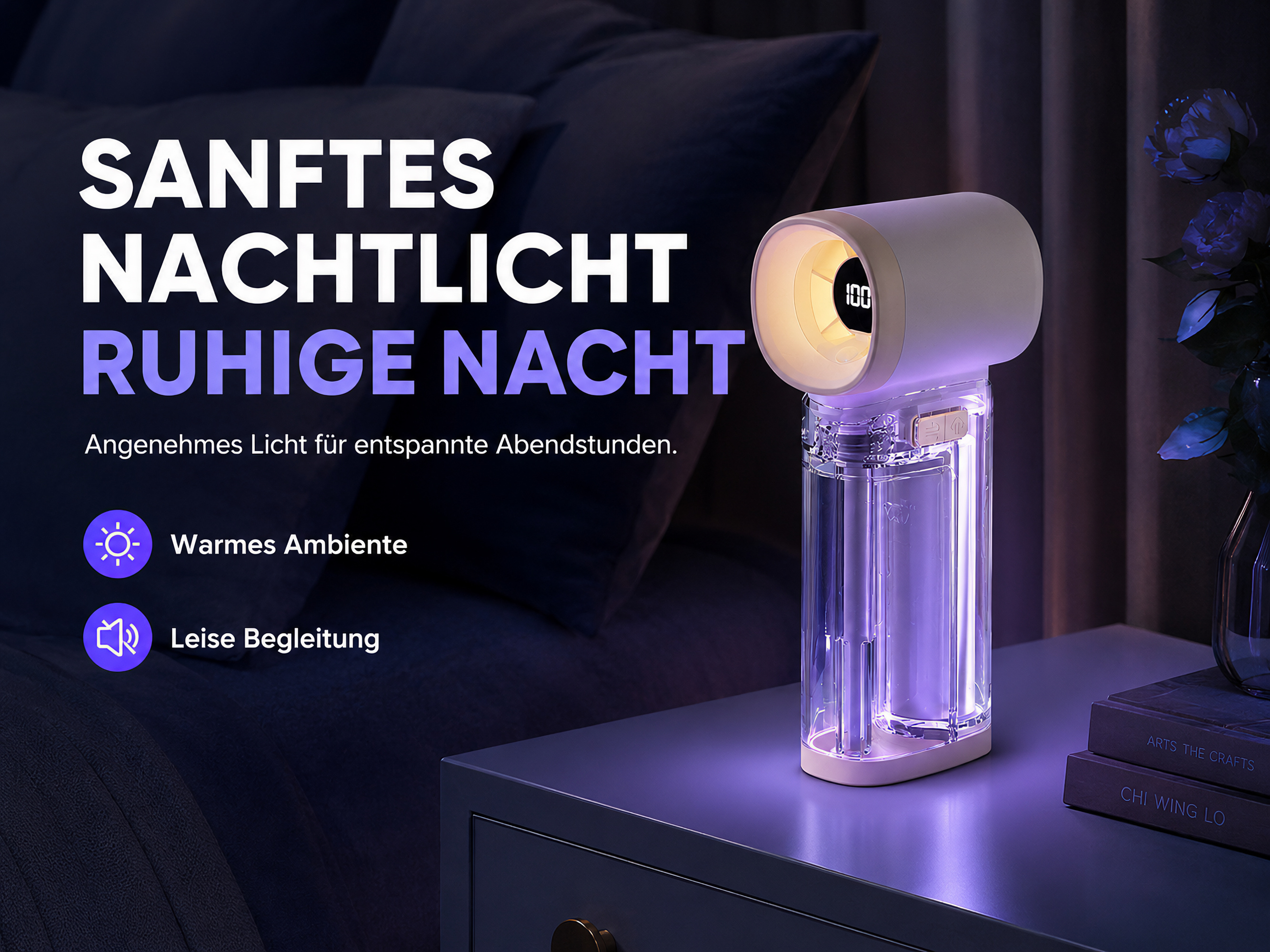 Ein Nachttisch mit einem Nachtlicht, das lila leuchtet. Texte sind auf Deutsch.