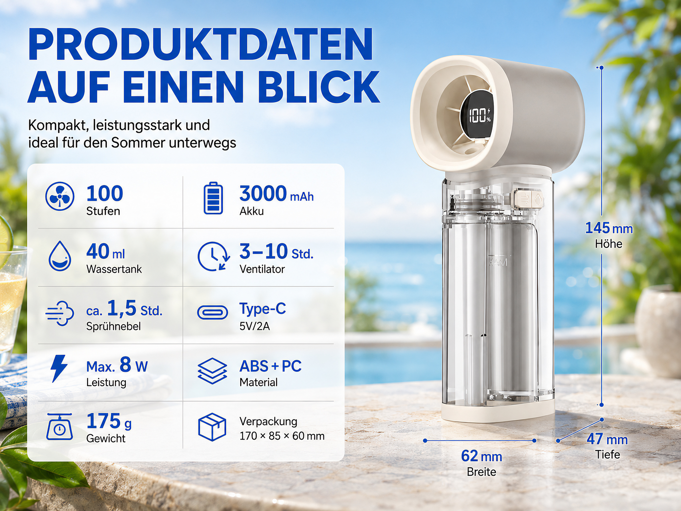 Produktübersicht mit Lüfter, Akku, Wasserbehälter und Maßen.