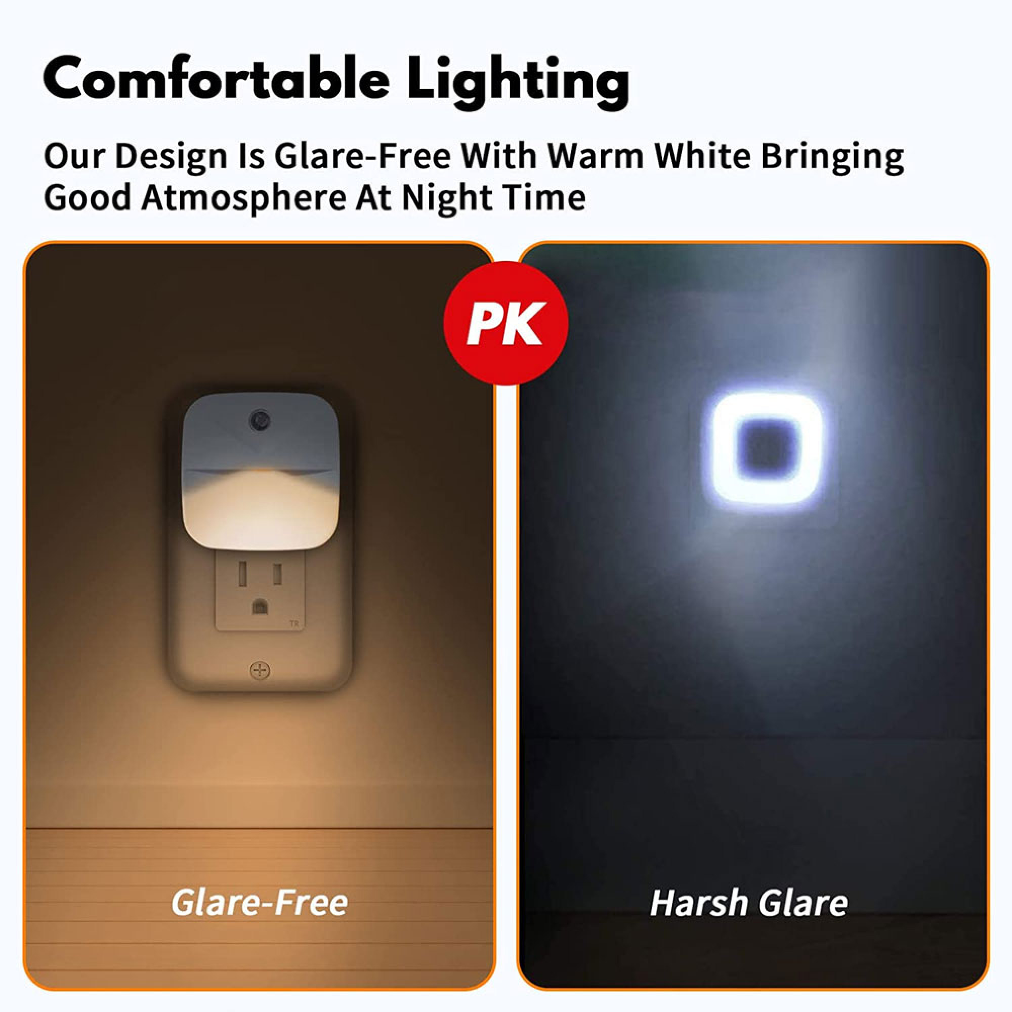 Zwei Nachtlichter im Vergleich: eines mit warmem, blendfreiem Licht, eines mit hartem Licht.