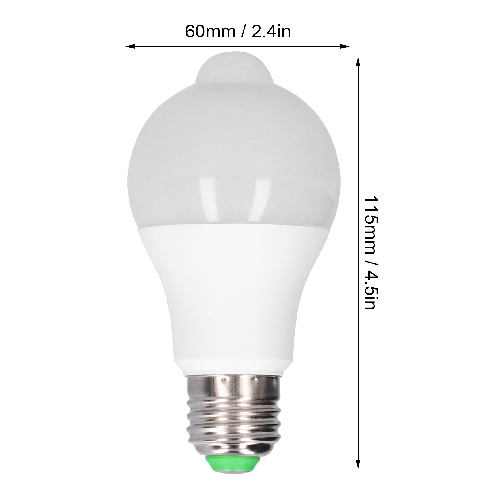Eine weiße LED-Lampe mit Bewegungssensor, 60mm breit und 115mm hoch.