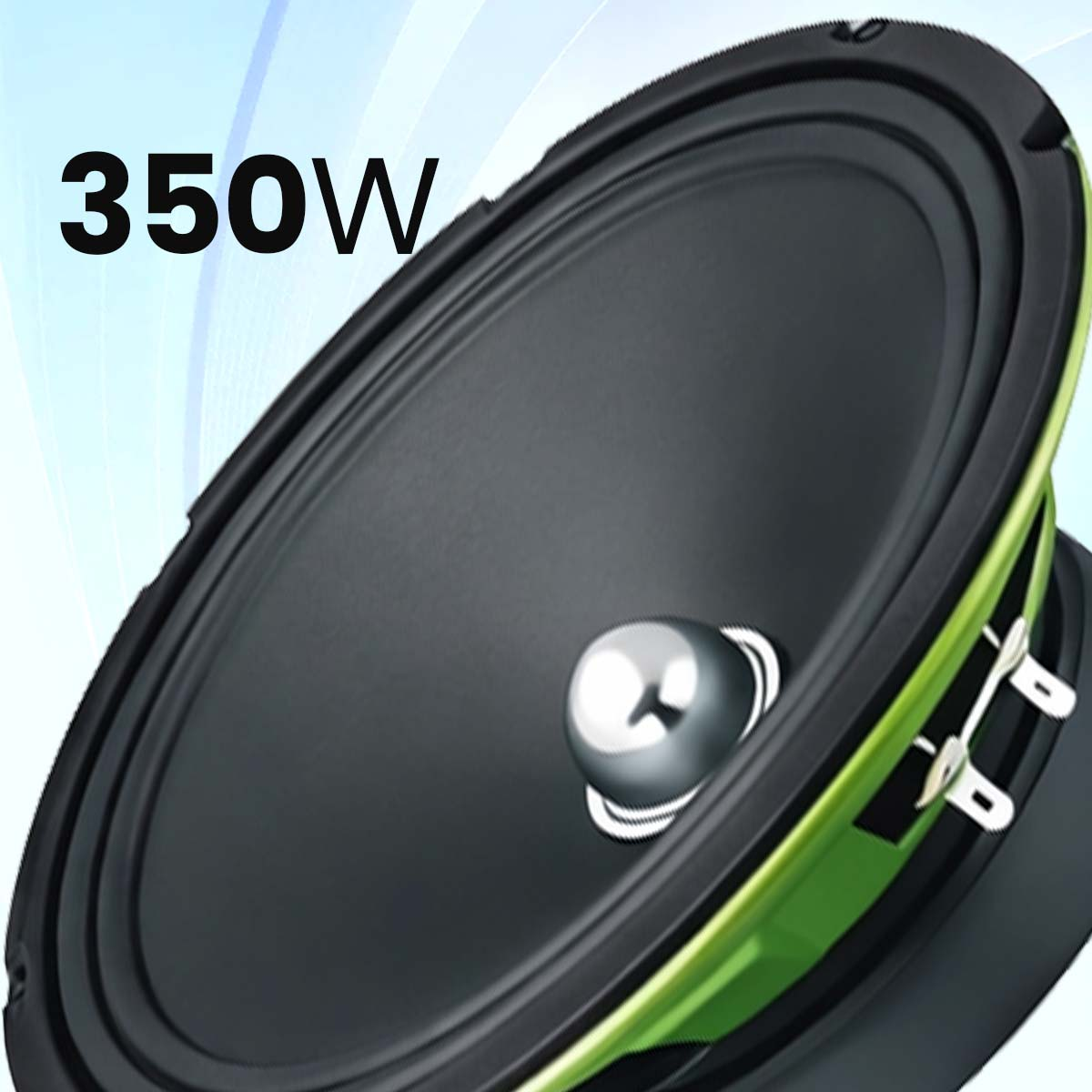 Ein 350W Lautsprecher mit schwarzer Membran und grünem Rahmen.