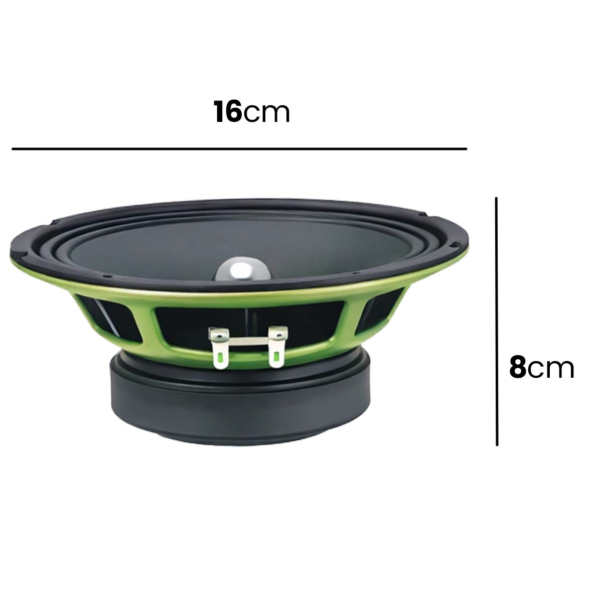 Ein 16 cm breiter, 8 cm hoher Lautsprecher mit grünem Rahmen.