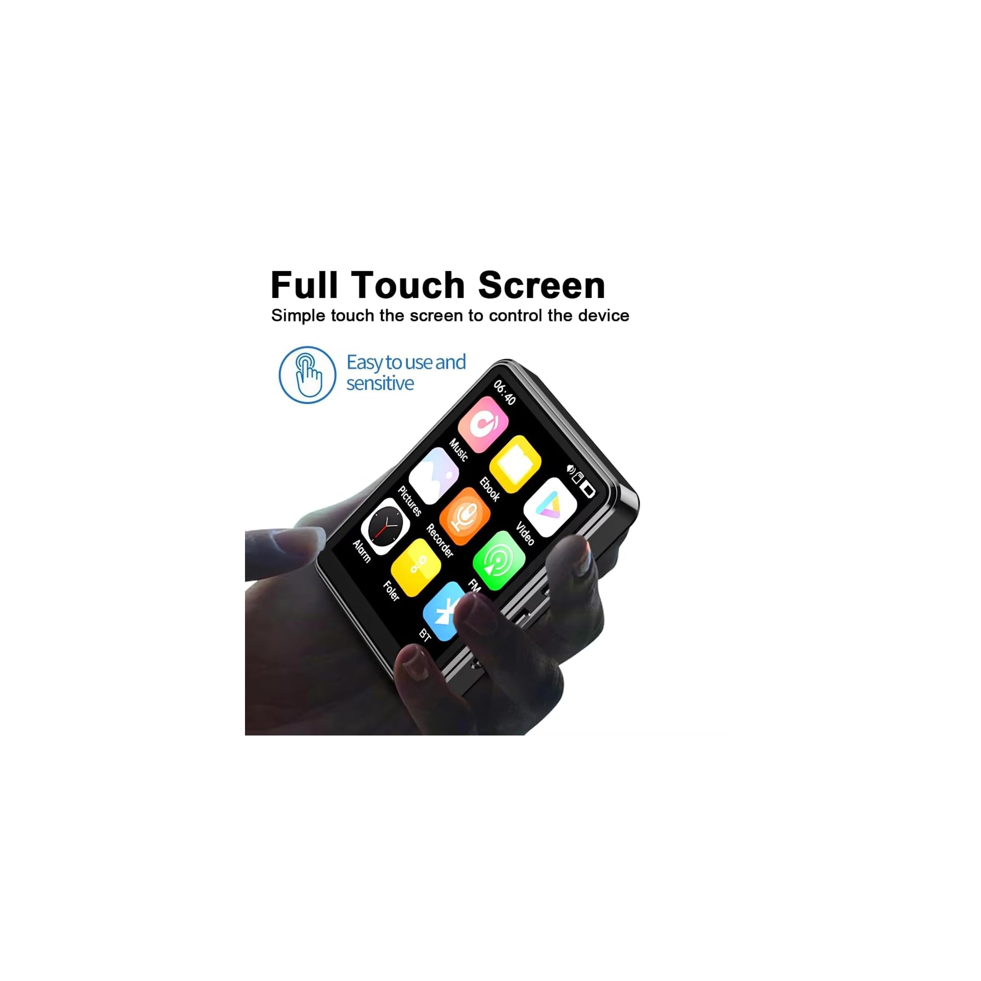 Ein schwarzes Gerät mit Touchscreen und App-Icons wird von einer Hand gehalten.