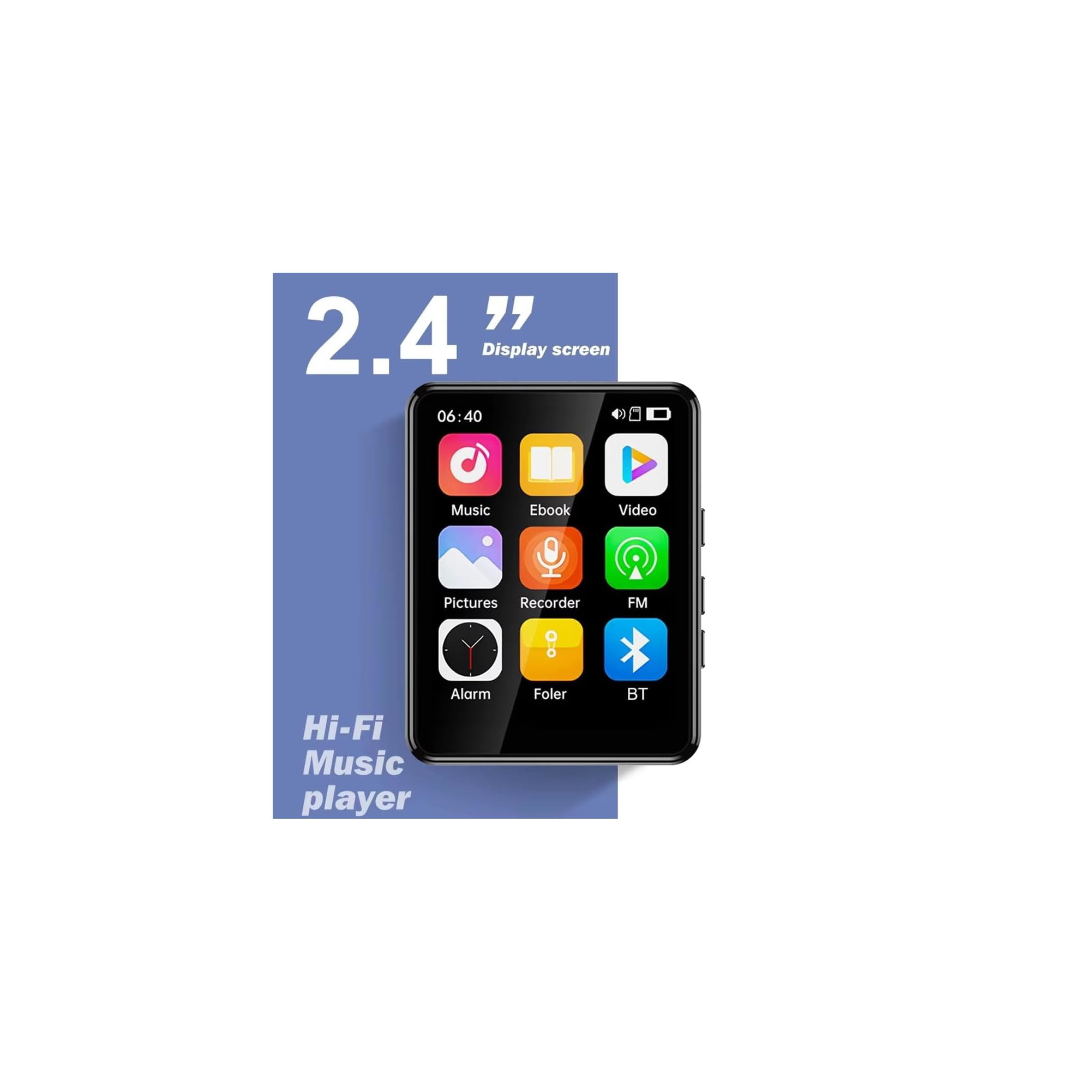 Ein schwarzer MP3-Player mit einem 2,4-Zoll-Display und App-Symbolen.