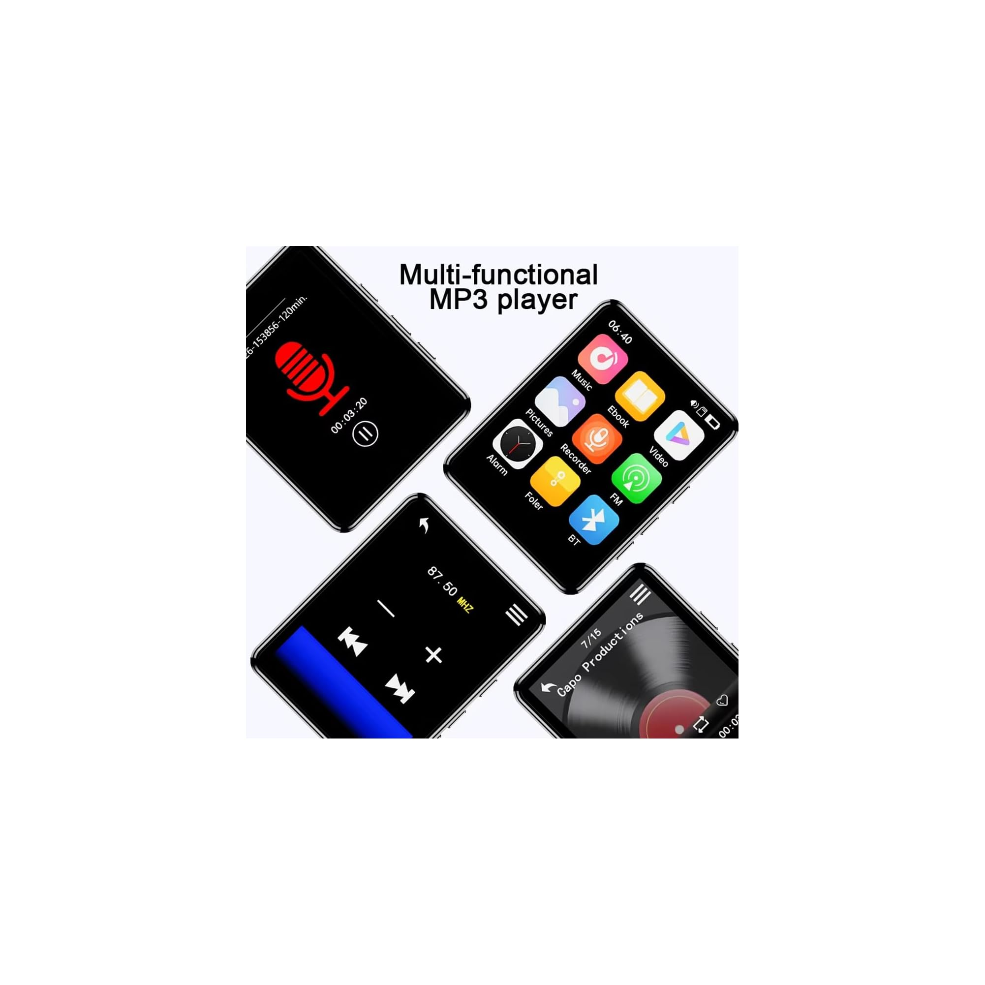 Mehrere MP3-Player-Bildschirme mit Symbolen und Bedienelementen.