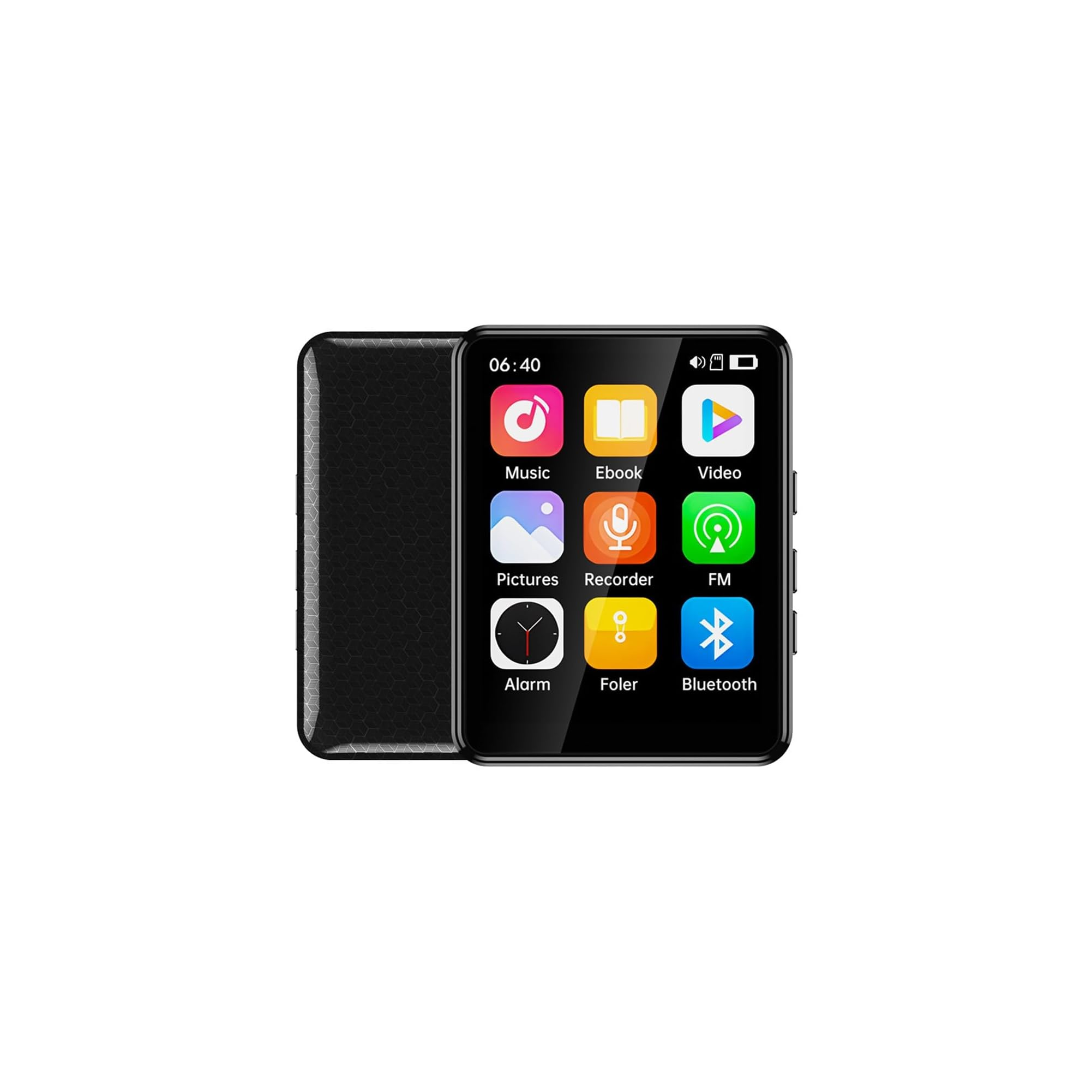 Schwarzer Mediaplayer mit Touchscreen und Symbolen für Musik, Video, FM, Bluetooth.