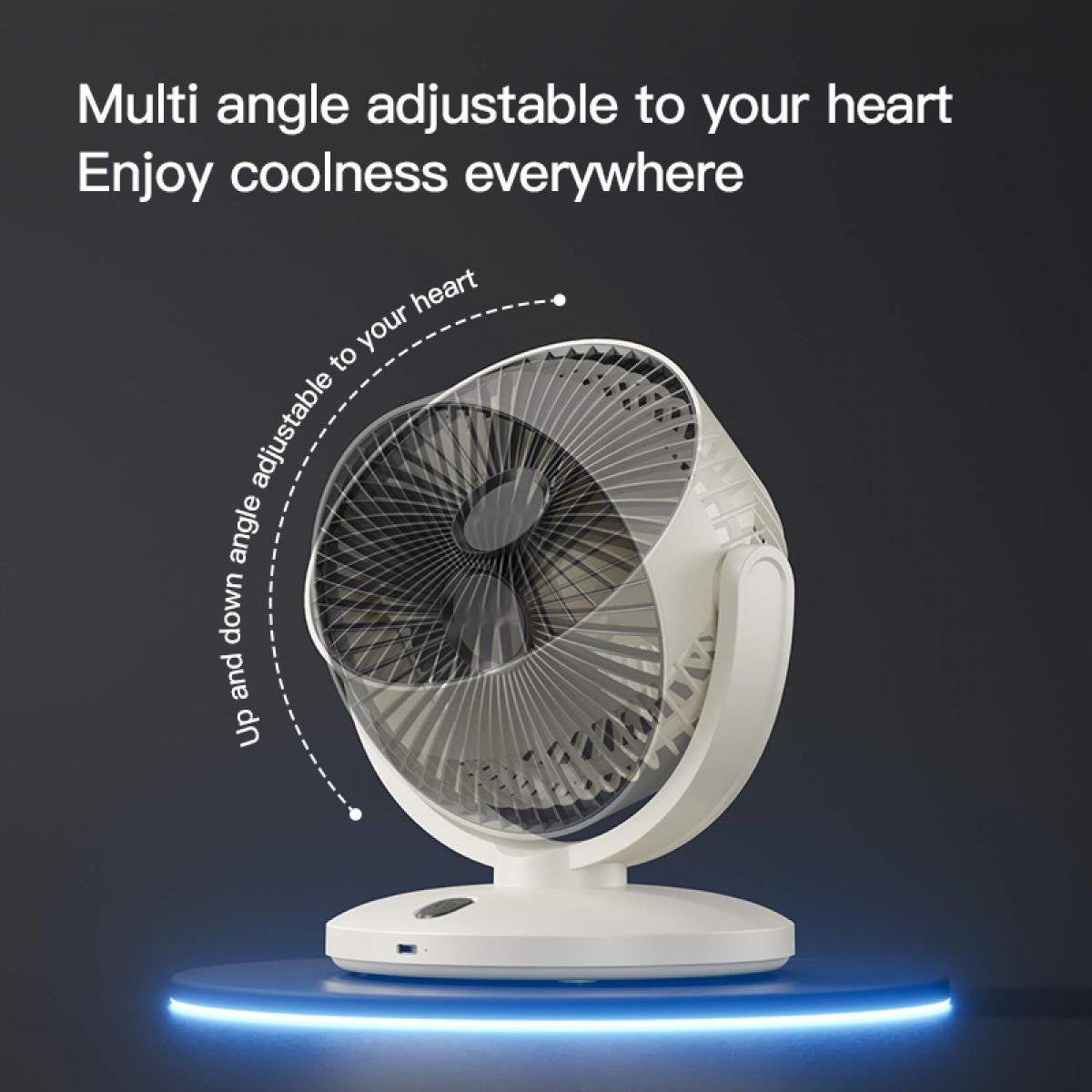 Ein weißer Tischventilator mit verstellbarem Winkel steht auf einer blauen beleuchteten Plattform.