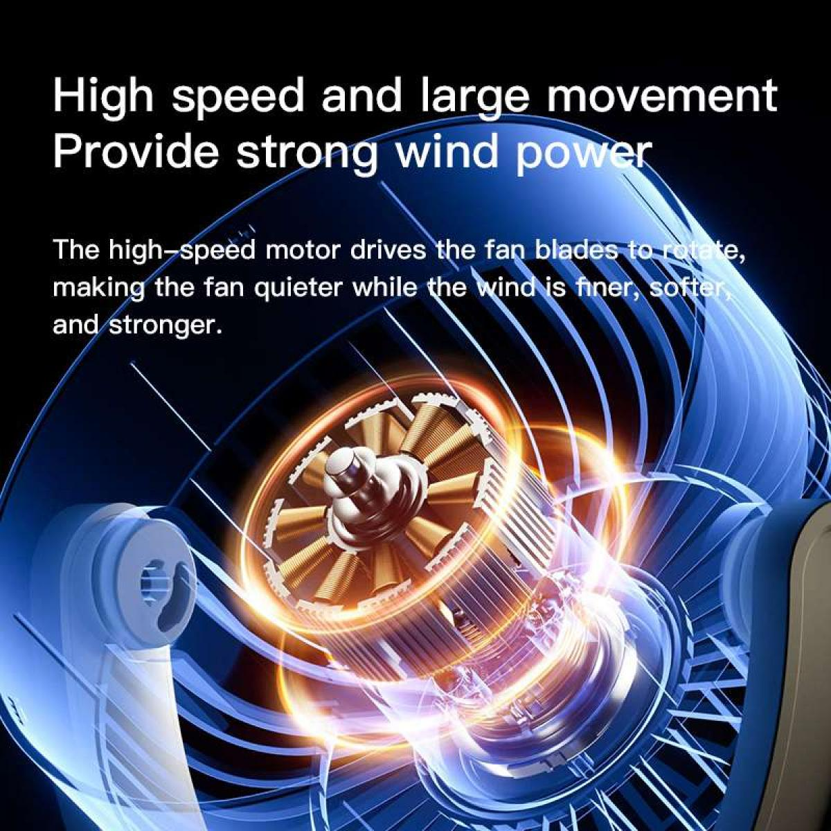 Detailaufnahme eines Lüftermotors mit rotierenden Blättern und blauen Energieeffekten.