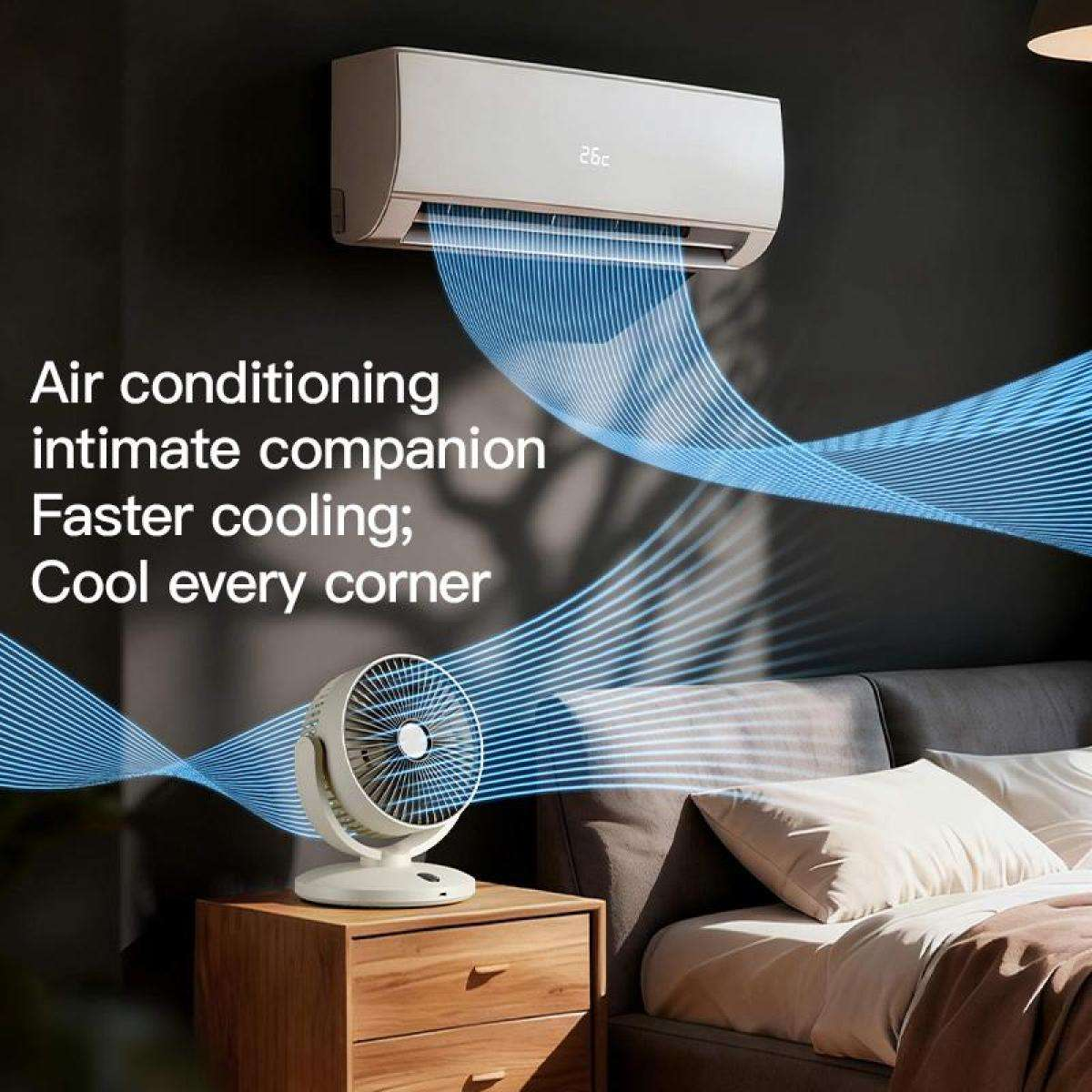 Klimaanlage bläst kühle Luft auf einen Nachttischventilator auf einem Holznachttisch.